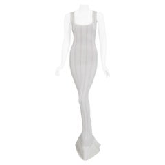 Vintage 1996 Azzedine Alaia White Nude-Illusion Knit Hourglass Floor Length Gown