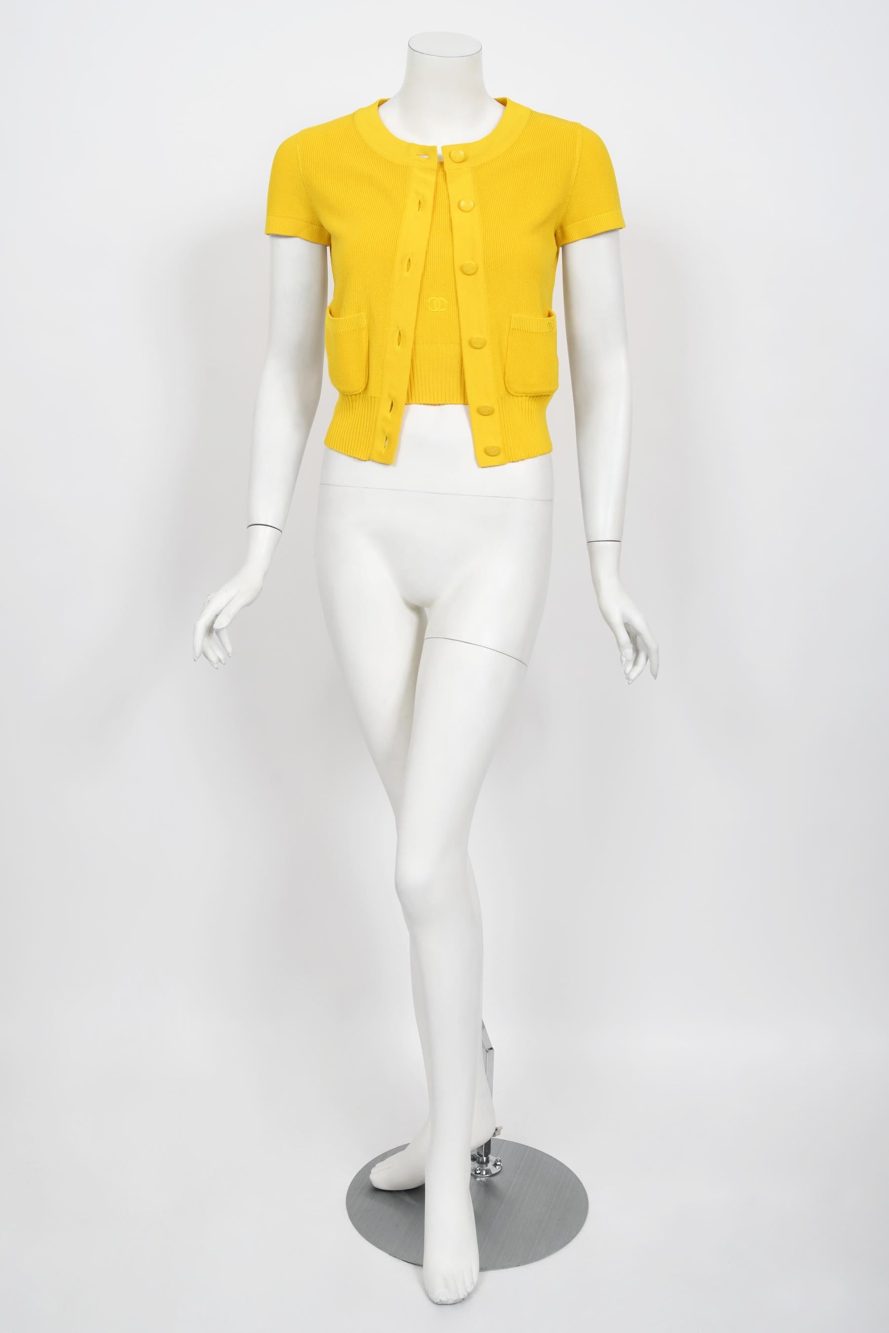 Vintage 1996 Chanel by Karl Lagerfeld Runway Yellow Knit Cropped Sweater Set  7