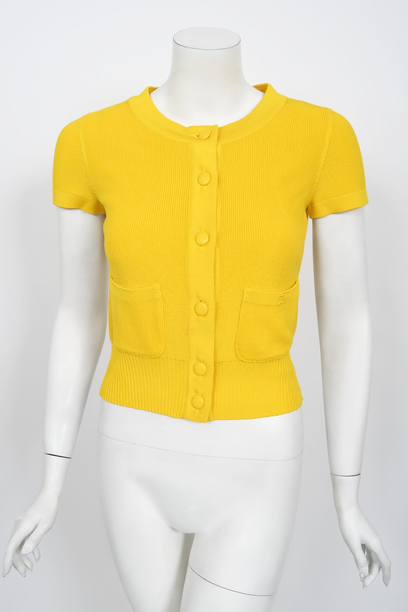 Vintage 1996 Chanel by Karl Lagerfeld Runway Yellow Knit Cropped Sweater Set  10