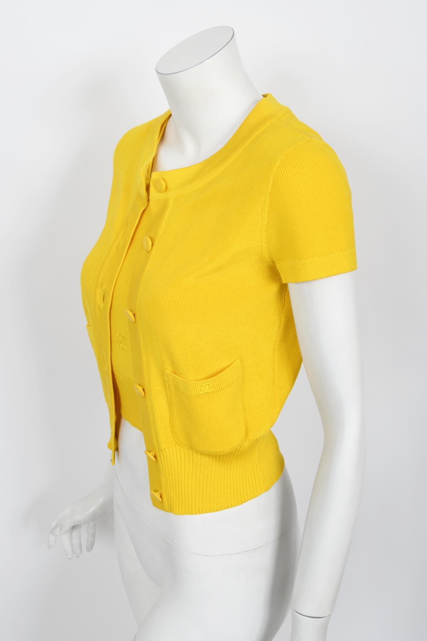 Vintage 1996 Chanel by Karl Lagerfeld Runway Yellow Knit Cropped Sweater Set  1
