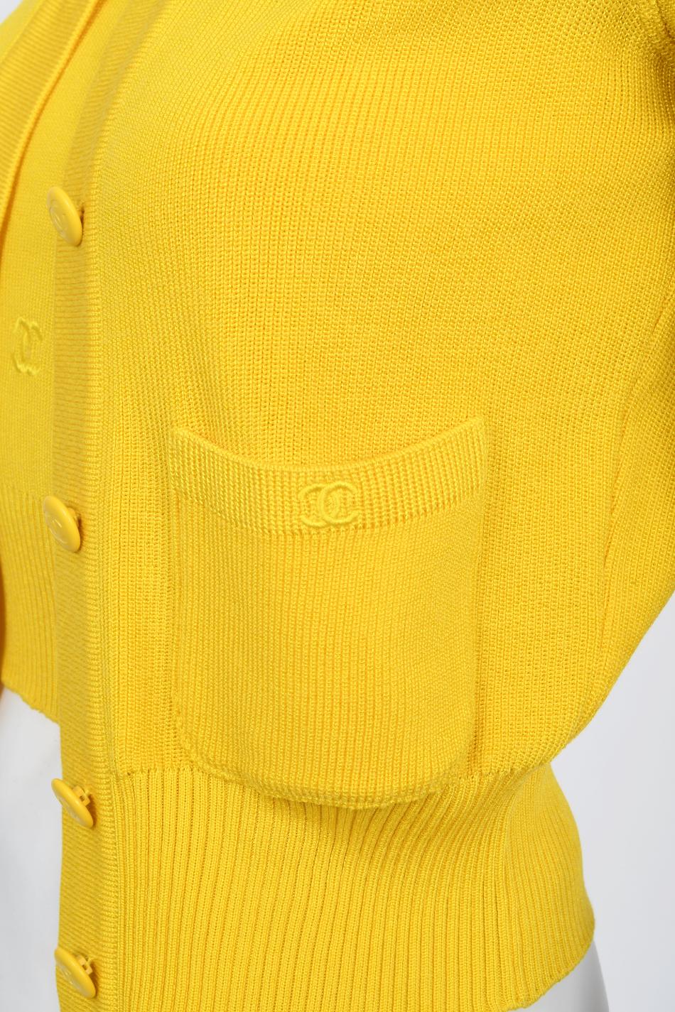 Vintage 1996 Chanel by Karl Lagerfeld Runway Yellow Knit Cropped Sweater Set  2
