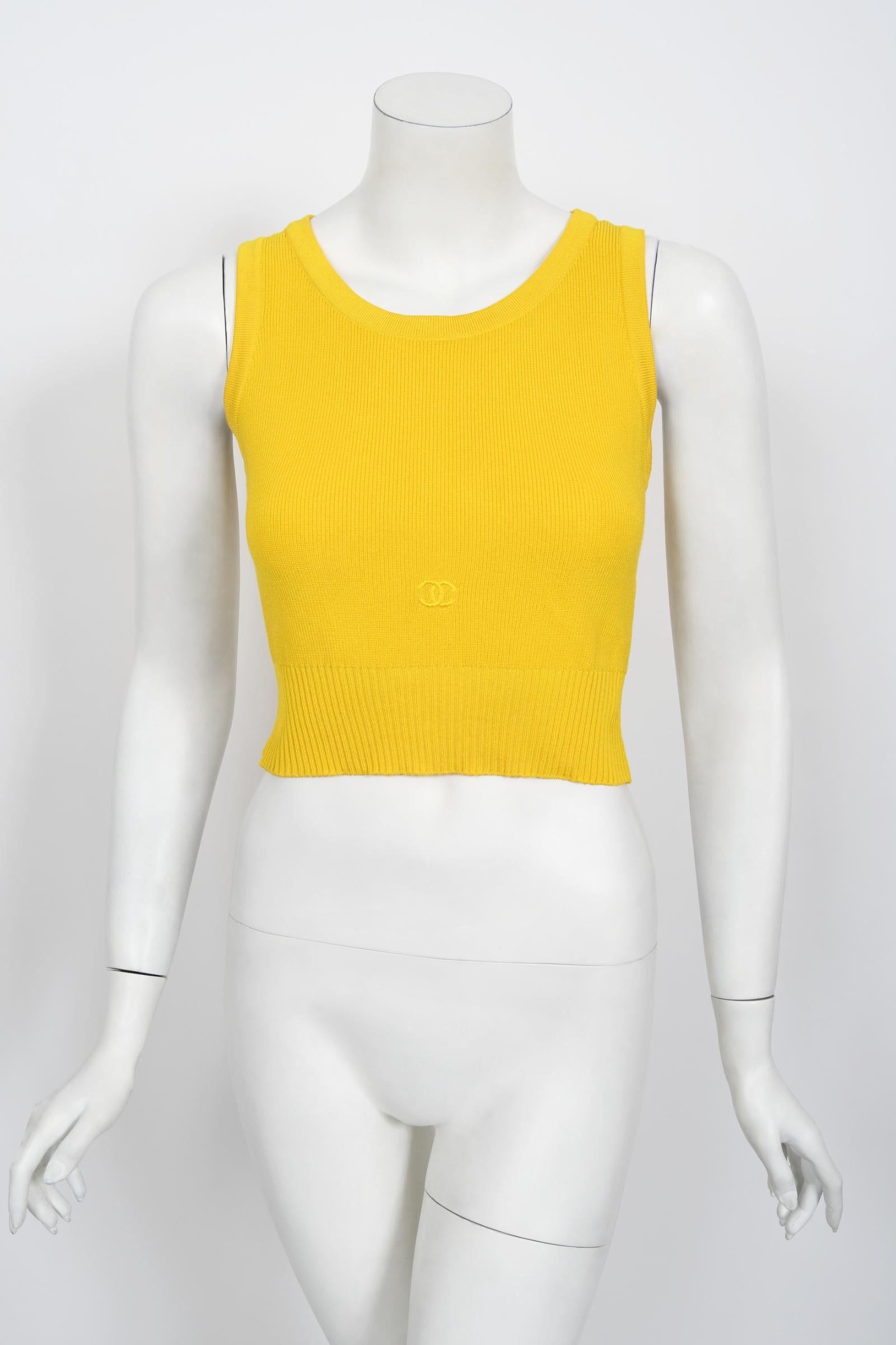 Vintage 1996 Chanel by Karl Lagerfeld Runway Yellow Knit Cropped Sweater Set  3