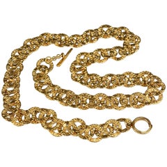Vintage 1996 CHANEL Engraved Logo Ring Link Long Necklace Belt