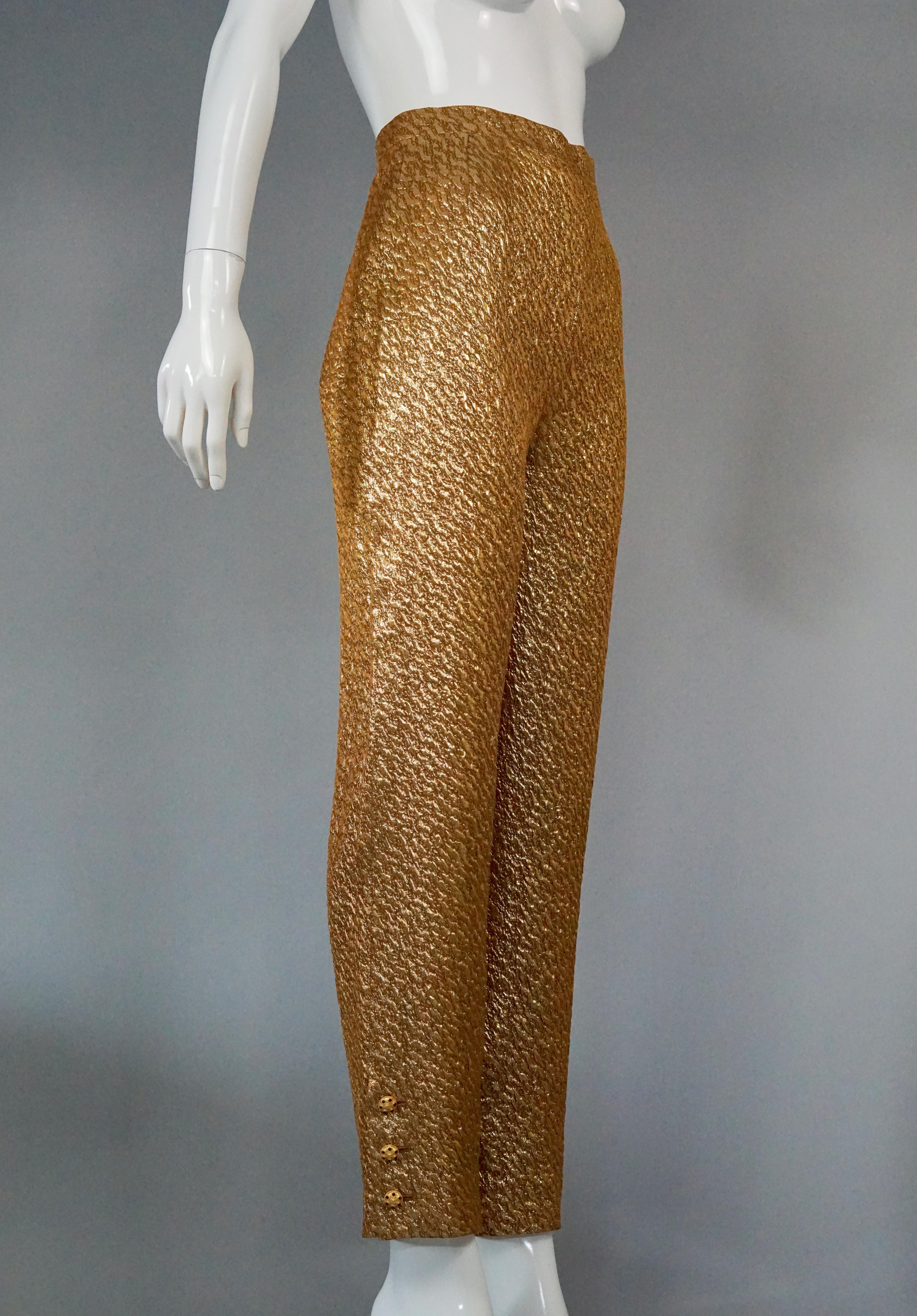 Brown Vintage 1996 CHANEL Gold Brocade Silk Lurex with Gripoix Buttons Trouser Pants