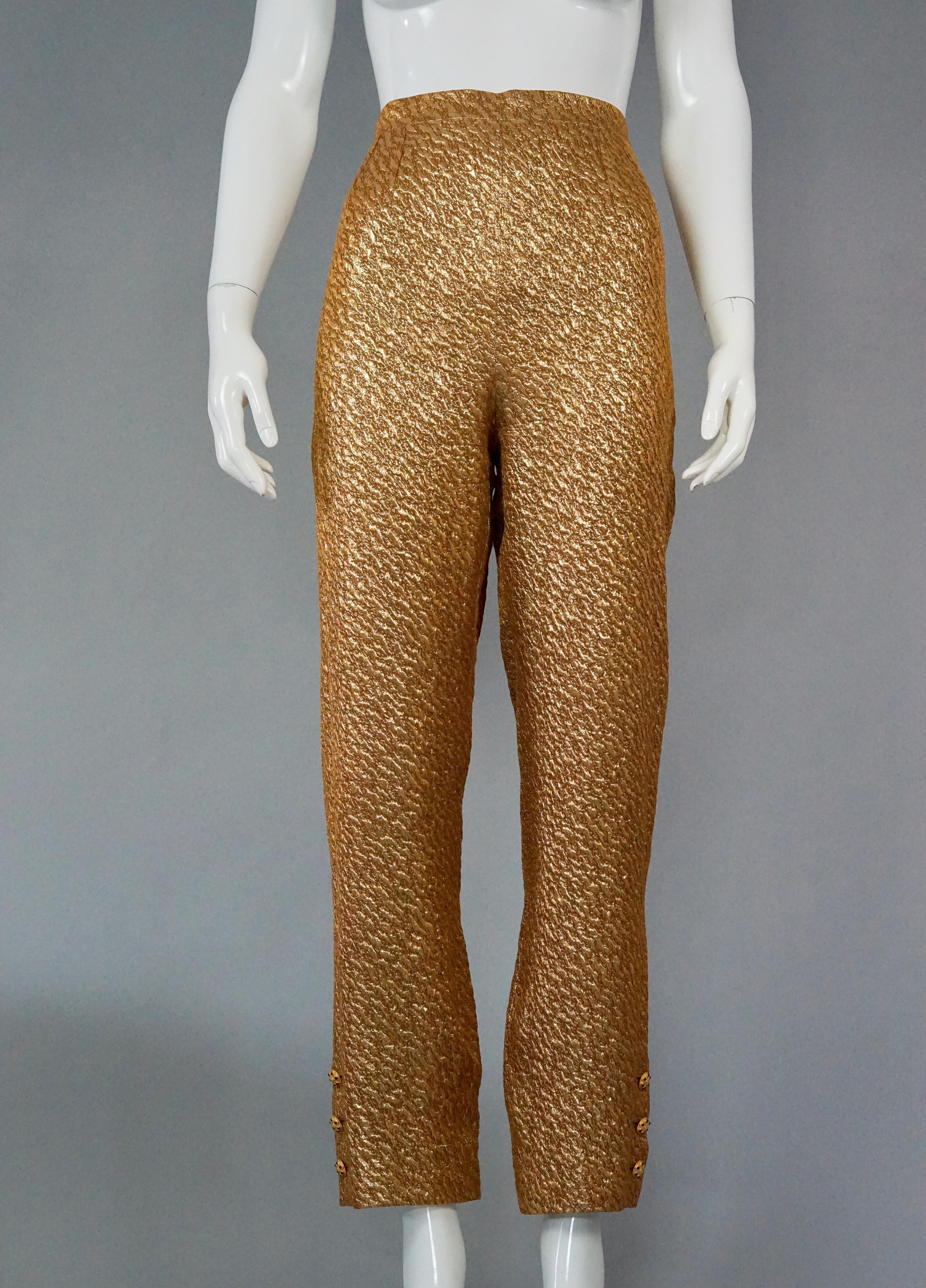 Women's Vintage 1996 CHANEL Gold Brocade Silk Lurex with Gripoix Buttons Trouser Pants