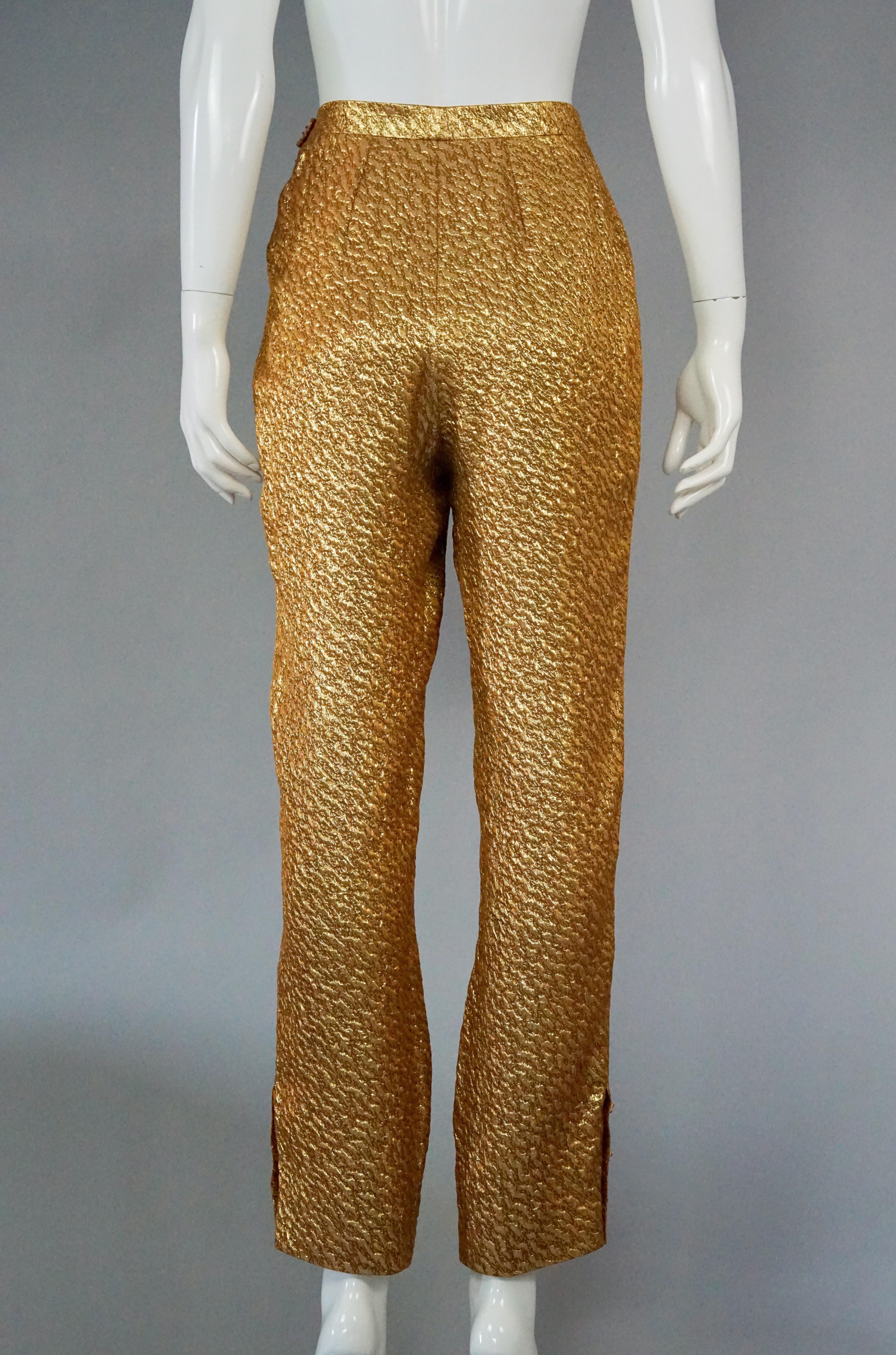 Vintage 1996 CHANEL Gold Brocade Silk Lurex with Gripoix Buttons Trouser Pants 1