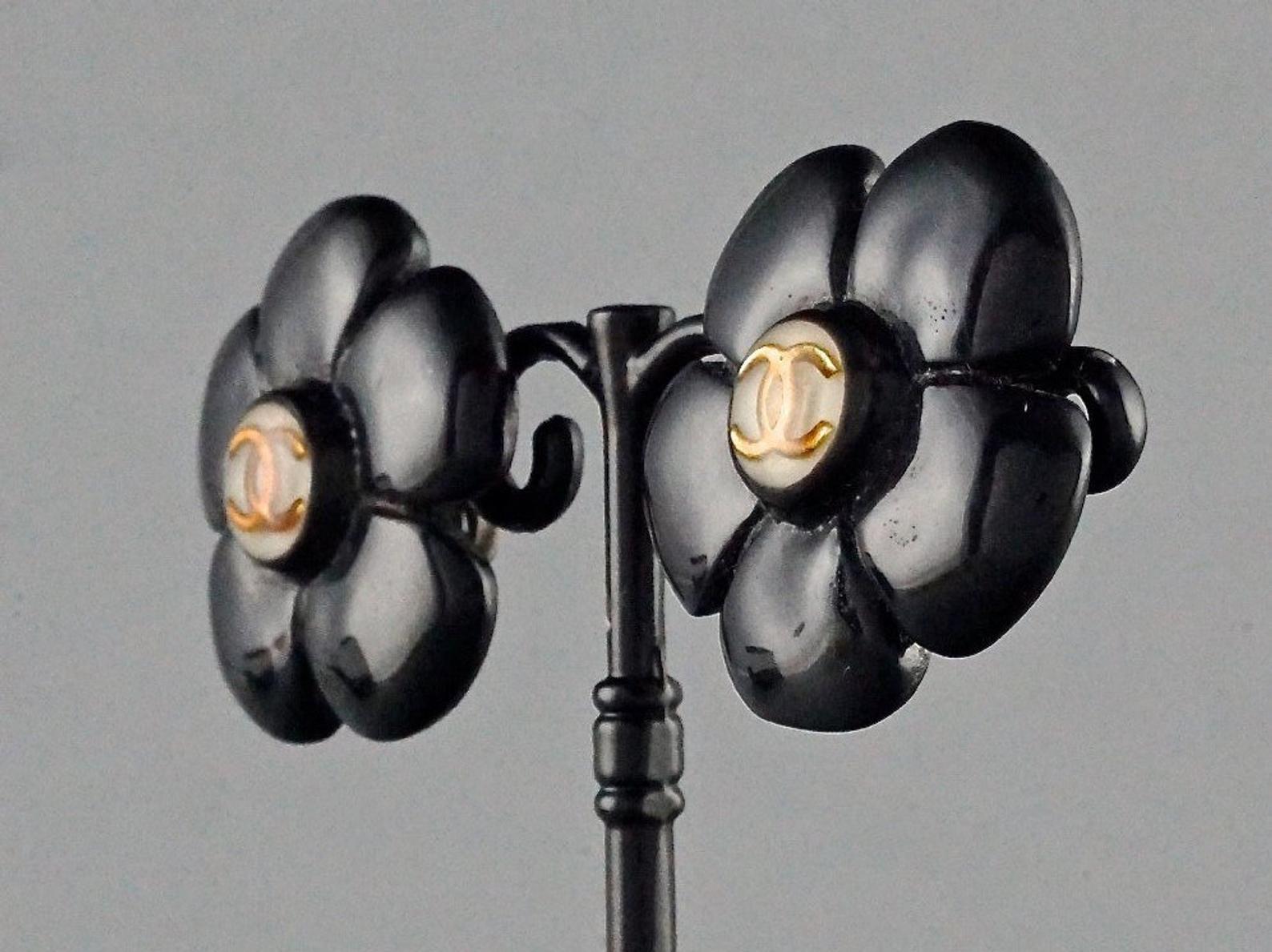 chanel black flower earrings