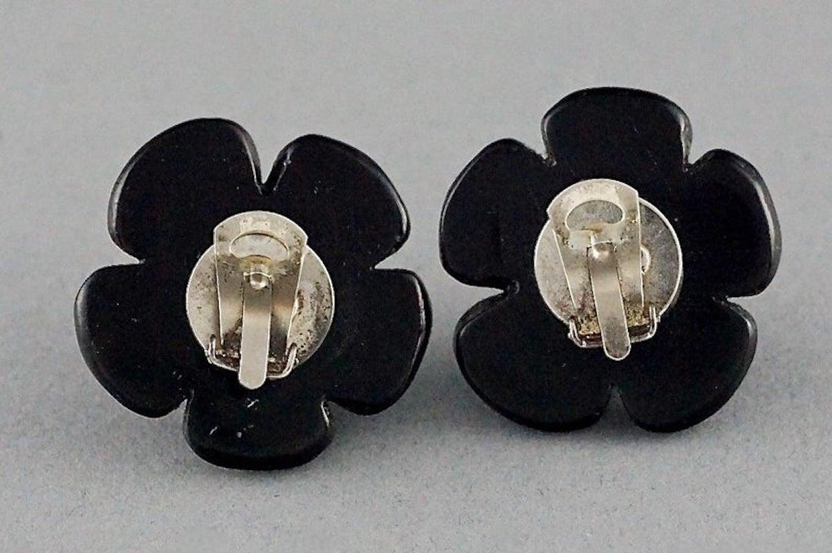 Vintage 1996 CHANEL Logo Black Flower Resin Pop Earrings 2