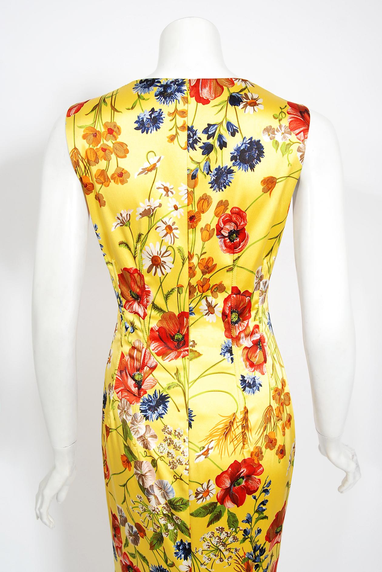 Vintage 1999 Dolce & Gabbana Yellow Floral Stretch Silk Boned Hourglass Gown 4
