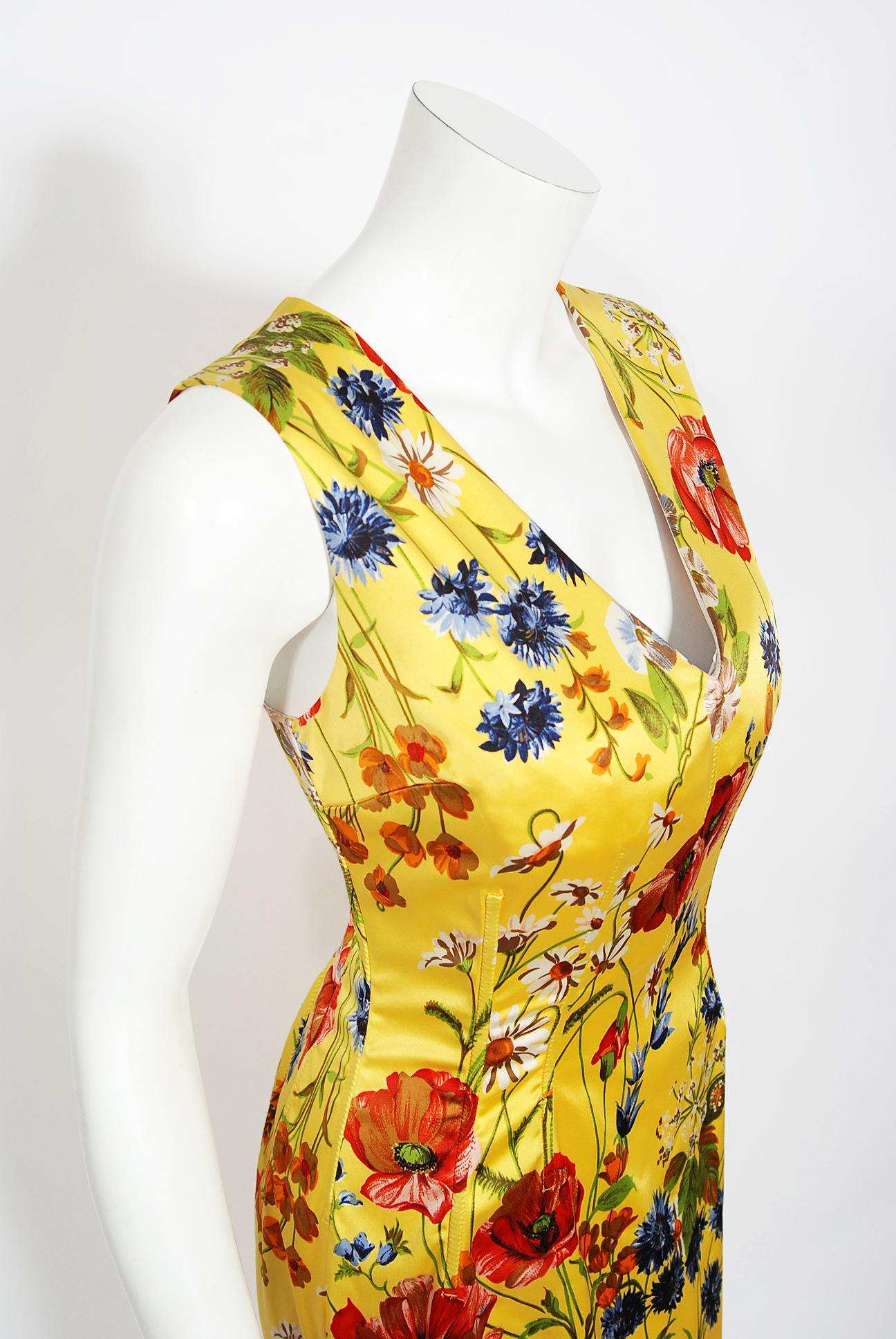 Vintage 1999 Dolce & Gabbana Yellow Floral Stretch Silk Boned Hourglass Gown 2