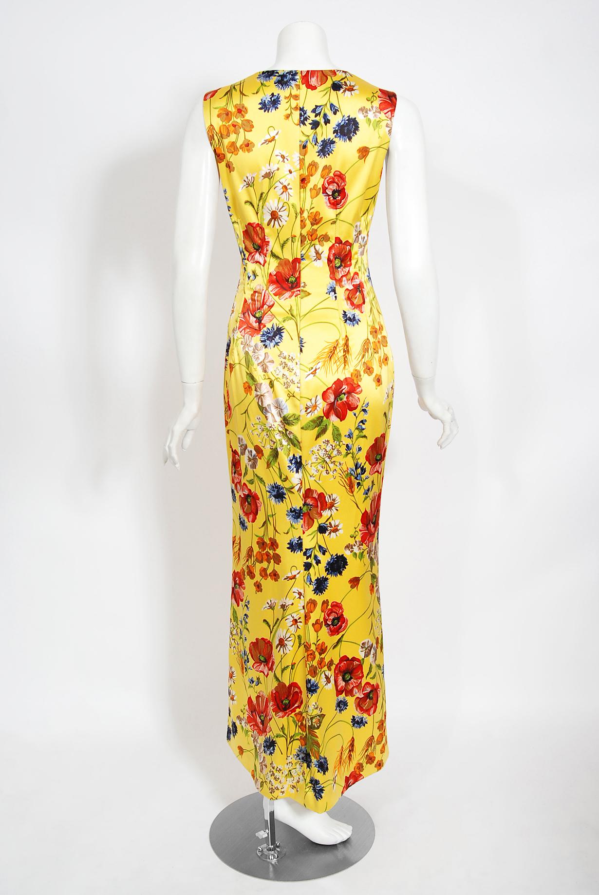 Vintage 1999 Dolce & Gabbana Yellow Floral Stretch Silk Boned Hourglass Gown 3