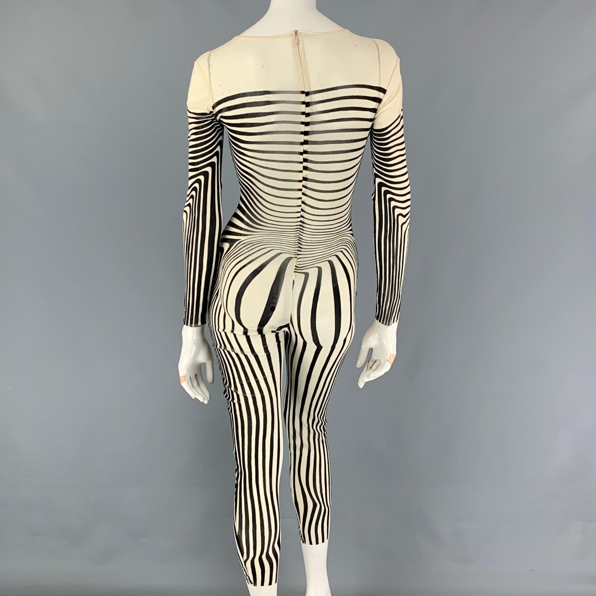 Vintage 1996 JEAN PAUL GAULTIER Size One Size Cream Black Stretch Tulle Bodysuit In Good Condition In San Francisco, CA