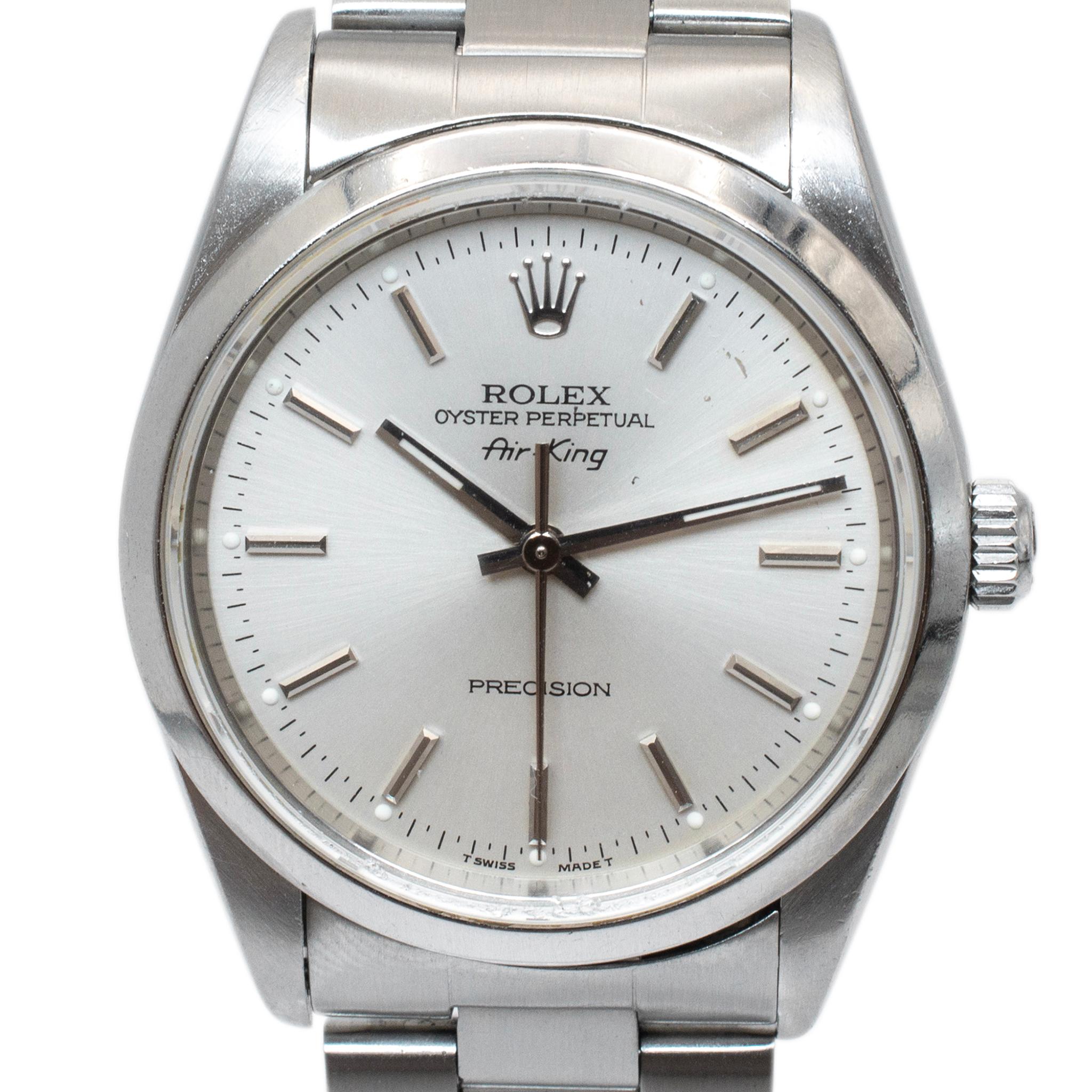 Brand: Rolex

Gender: Unisex

Metal Type: Stainless Steel

Diameter: 34.00 mm

Weight: 90.63 Grams

Stainless steel ROLEX Swiss made watch with original box. The metal was tested and determined to be stainless steel. The 