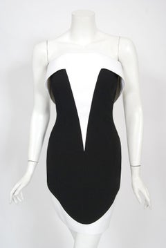 1996 Thierry Mugler Couture Archival Black White Futuristic Strapless Mini Dress