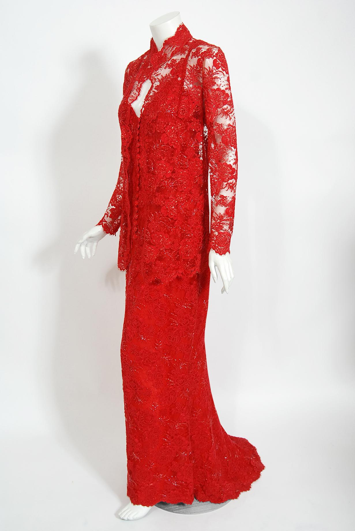 Vintage 1996 Ungaro Haute Couture Red Beaded Floral Lace Hourglass Gown & Jacket 6