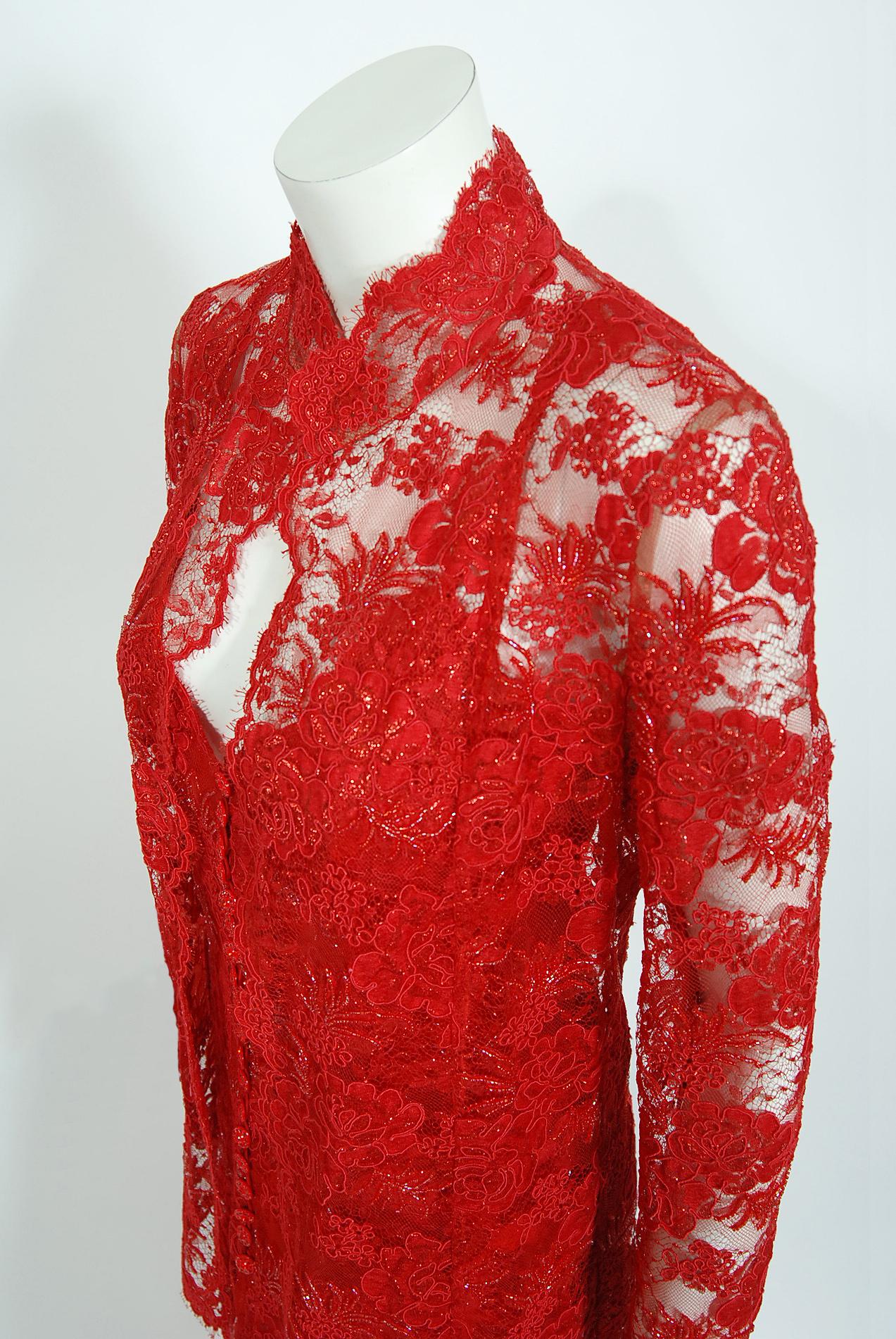 Vintage 1996 Ungaro Haute Couture Red Beaded Floral Lace Hourglass Gown & Jacket 7