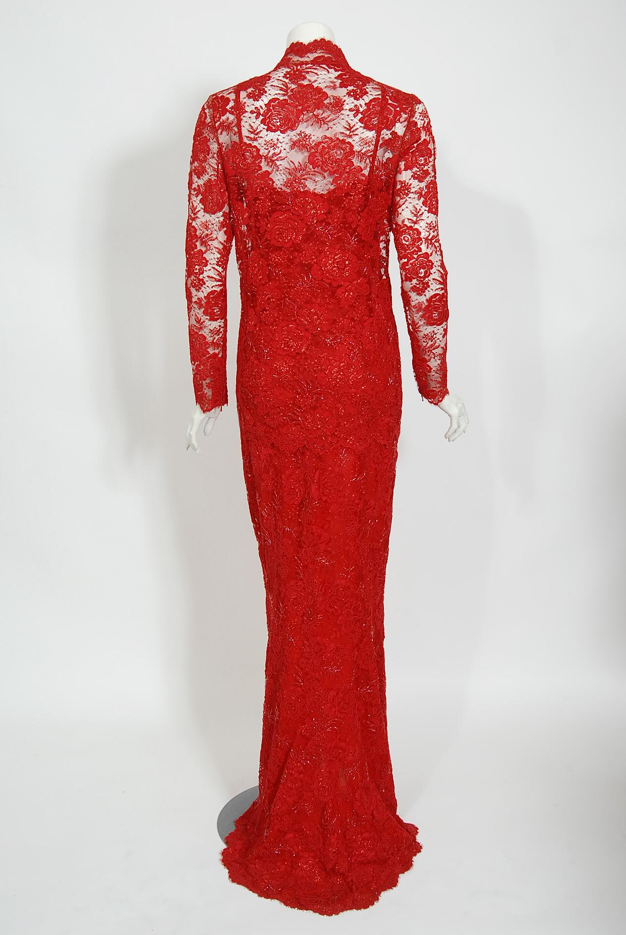 Vintage 1996 Ungaro Haute Couture Red Beaded Floral Lace Hourglass Gown & Jacket 9