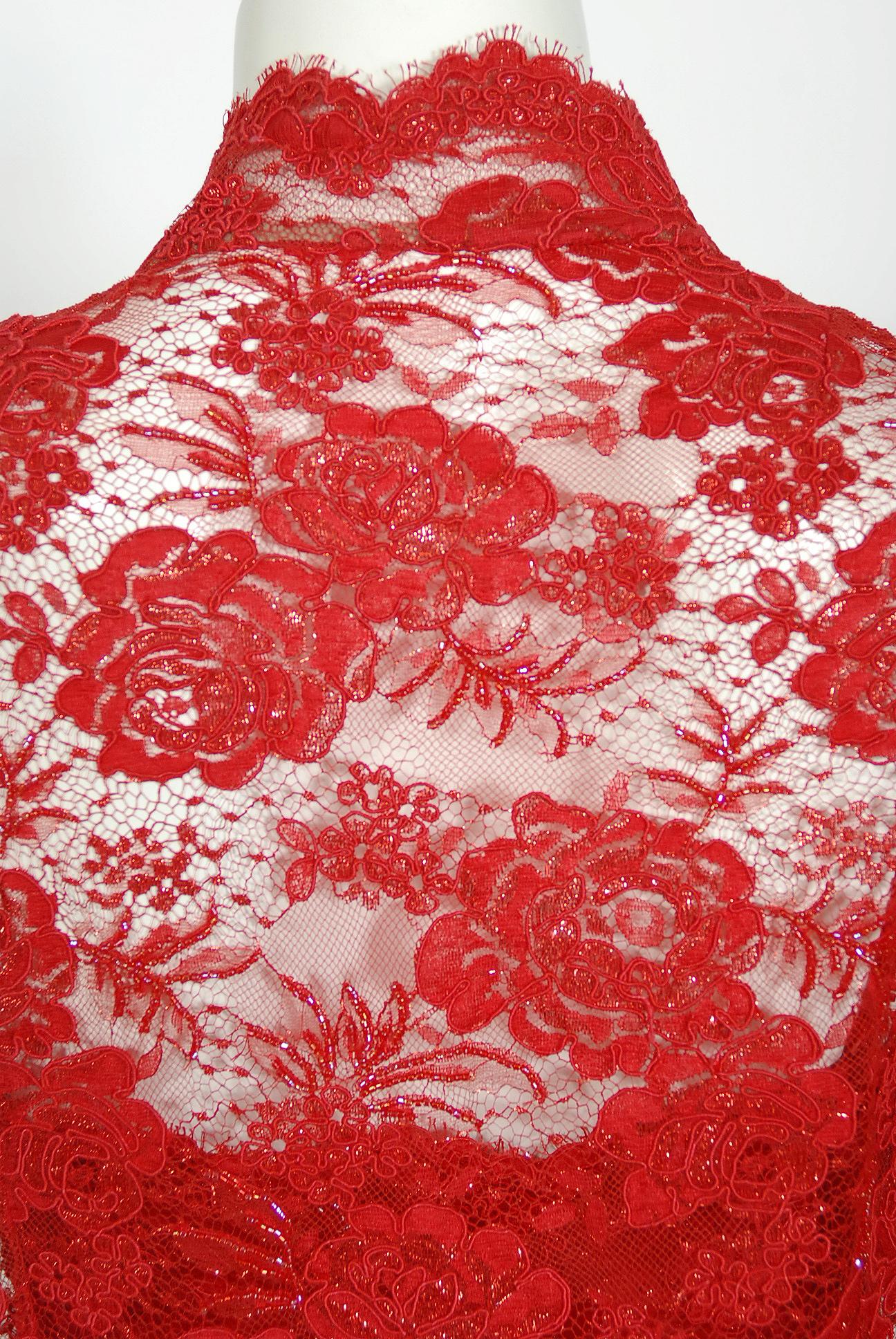 Vintage 1996 Ungaro Haute Couture Red Beaded Floral Lace Hourglass Gown & Jacket 11