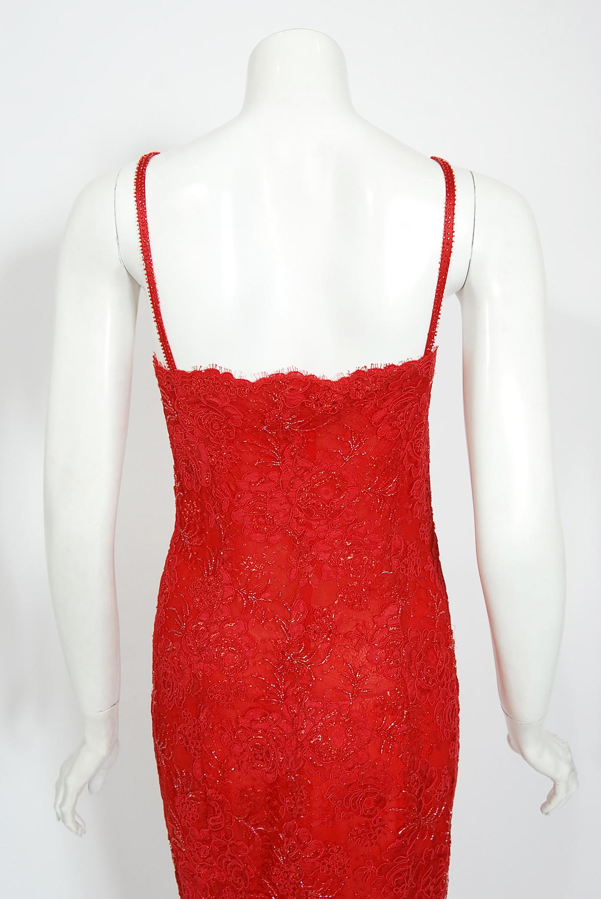 Vintage 1996 Ungaro Haute Couture Red Beaded Floral Lace Hourglass Gown & Jacket 13