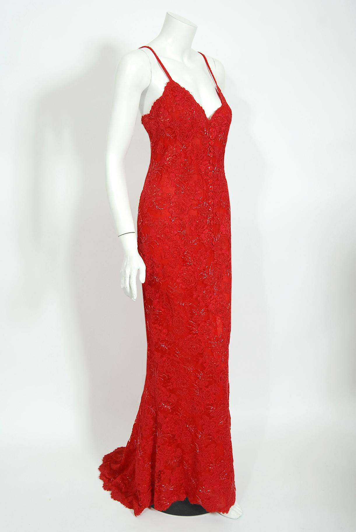 Women's Vintage 1996 Ungaro Haute Couture Red Beaded Floral Lace Hourglass Gown & Jacket