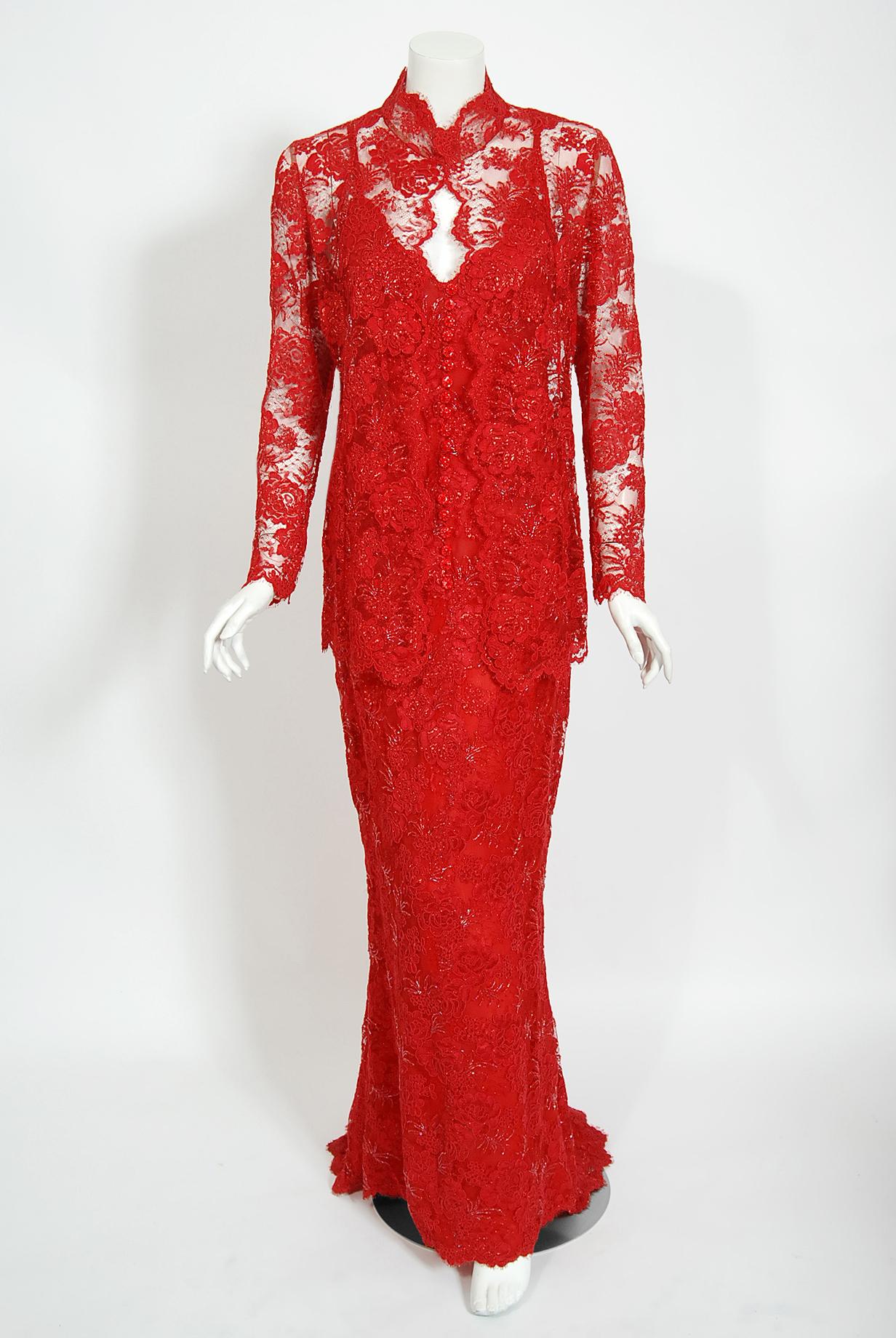 Vintage 1996 Ungaro Haute Couture Red Beaded Floral Lace Hourglass Gown & Jacket 2