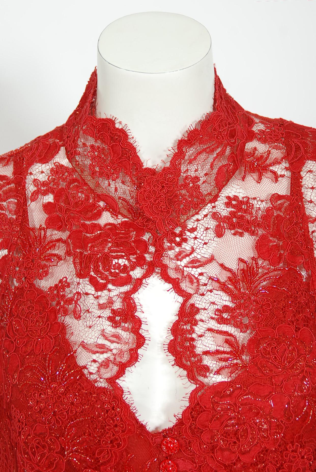 Vintage 1996 Ungaro Haute Couture Red Beaded Floral Lace Hourglass Gown & Jacket 4