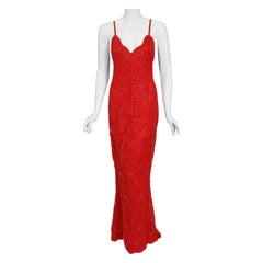 Vintage 1996 Ungaro Haute Couture Red Beaded Floral Lace Hourglass Gown & Jacket
