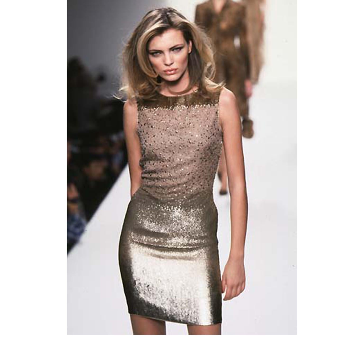 This documented Bill Blass vintage evening dress has gorgeous bronze sequins with a subtle ombre effect. The dress was featured on the runway in the Bill Blass F/W 1997 collection. There are bronze sequins on the top of the bodice and from there you