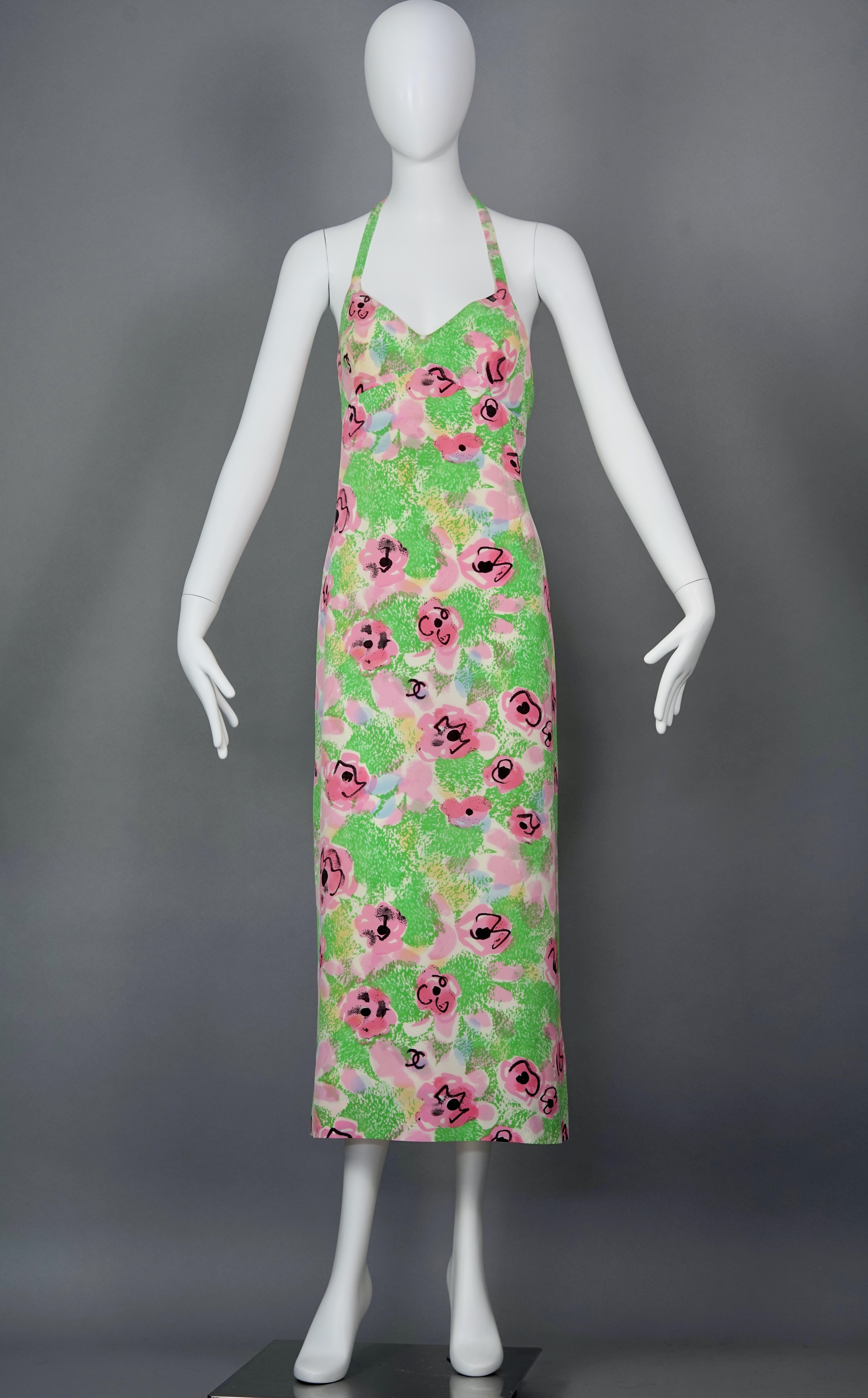 Vintage 1997 CHANEL BOUTIQUE Camellia Flower CC Logo Print Long Dress

From 1997 Spring Collection.

Measurements taken laid flat, please double bust, waist and hips:
Bust: FREE due to backless feature
Underbust: 15 inches (38 cm)
Waist: 18.90