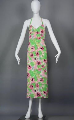 Vintage 1997 CHANEL BOUTIQUE Camellia Flower CC Logo Print Long Dress