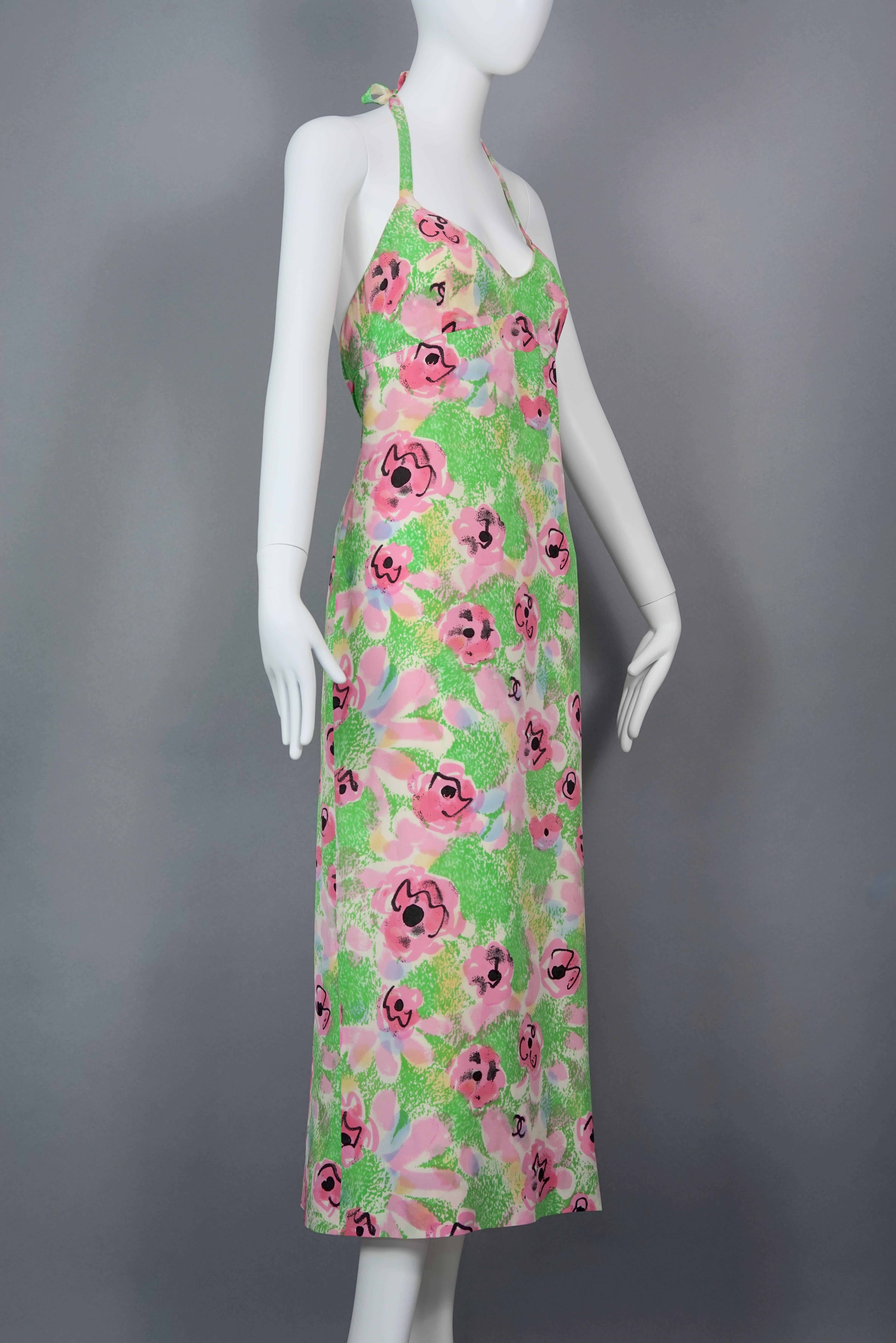 Women's Vintage 1997 CHANEL BOUTIQUE Camellia Flower CC Logo Print Long Dress For Sale