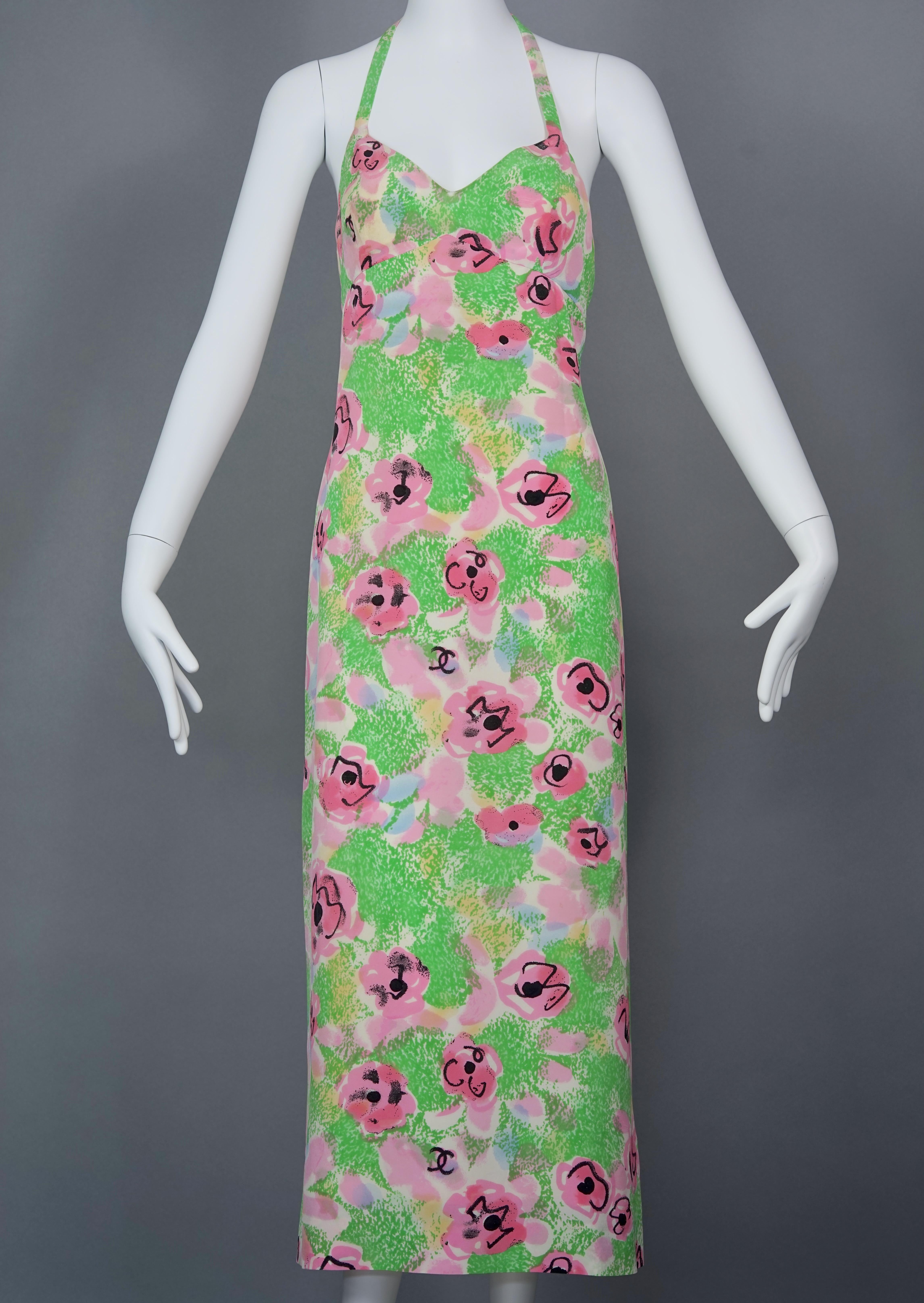 Vintage 1997 CHANEL BOUTIQUE Camellia Flower CC Logo Print Long Dress For Sale 1