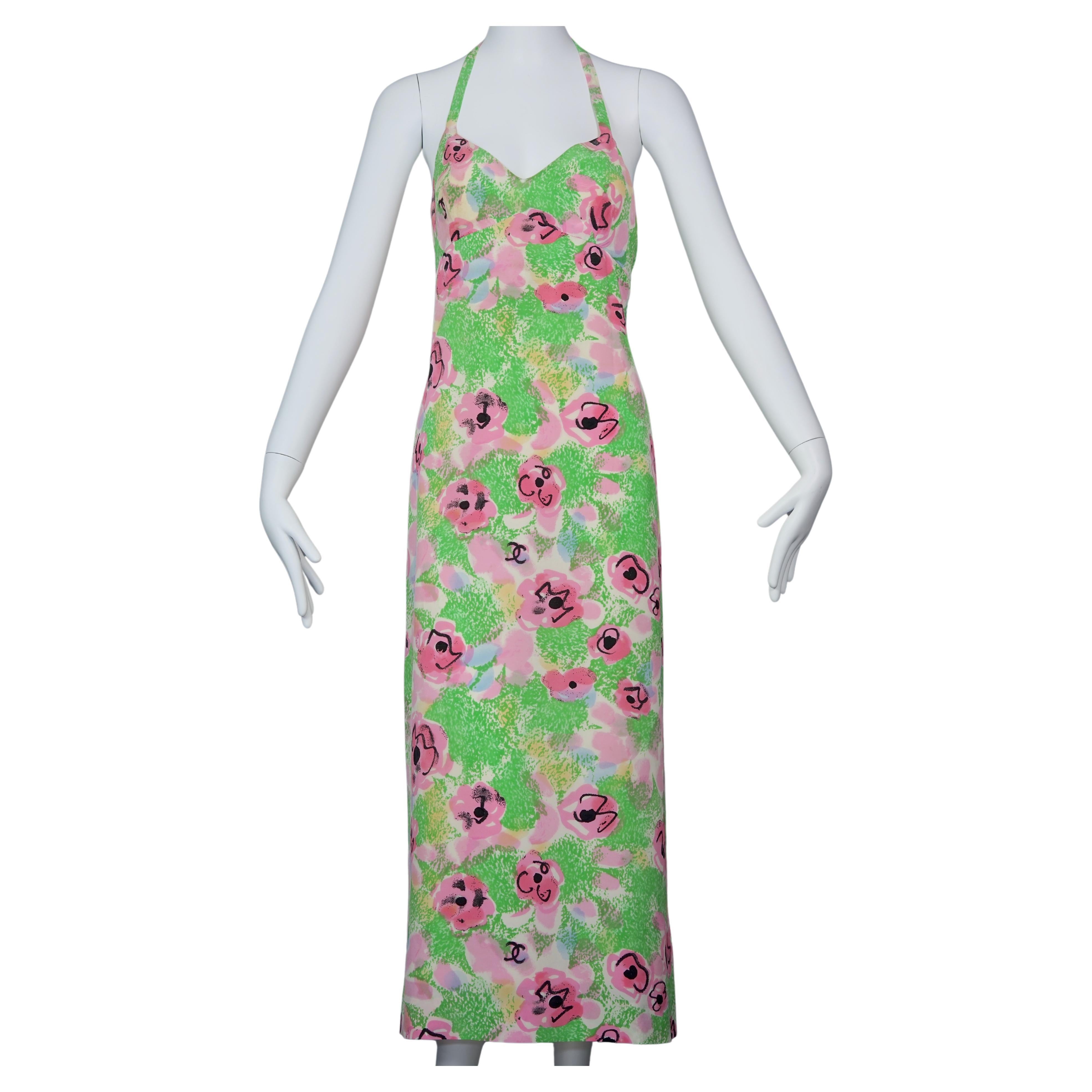 Vintage 1997 CHANEL BOUTIQUE Camellia Flower CC Logo Print Long Dress For Sale