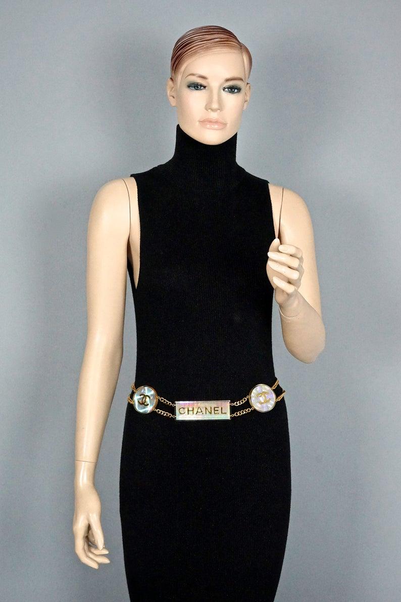 Vintage 1997 CHANEL Logo Holographic Iridescent Lucite Belt 2