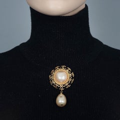 Vintage 1997 CHANEL Logo Pearl Dangling Brooch