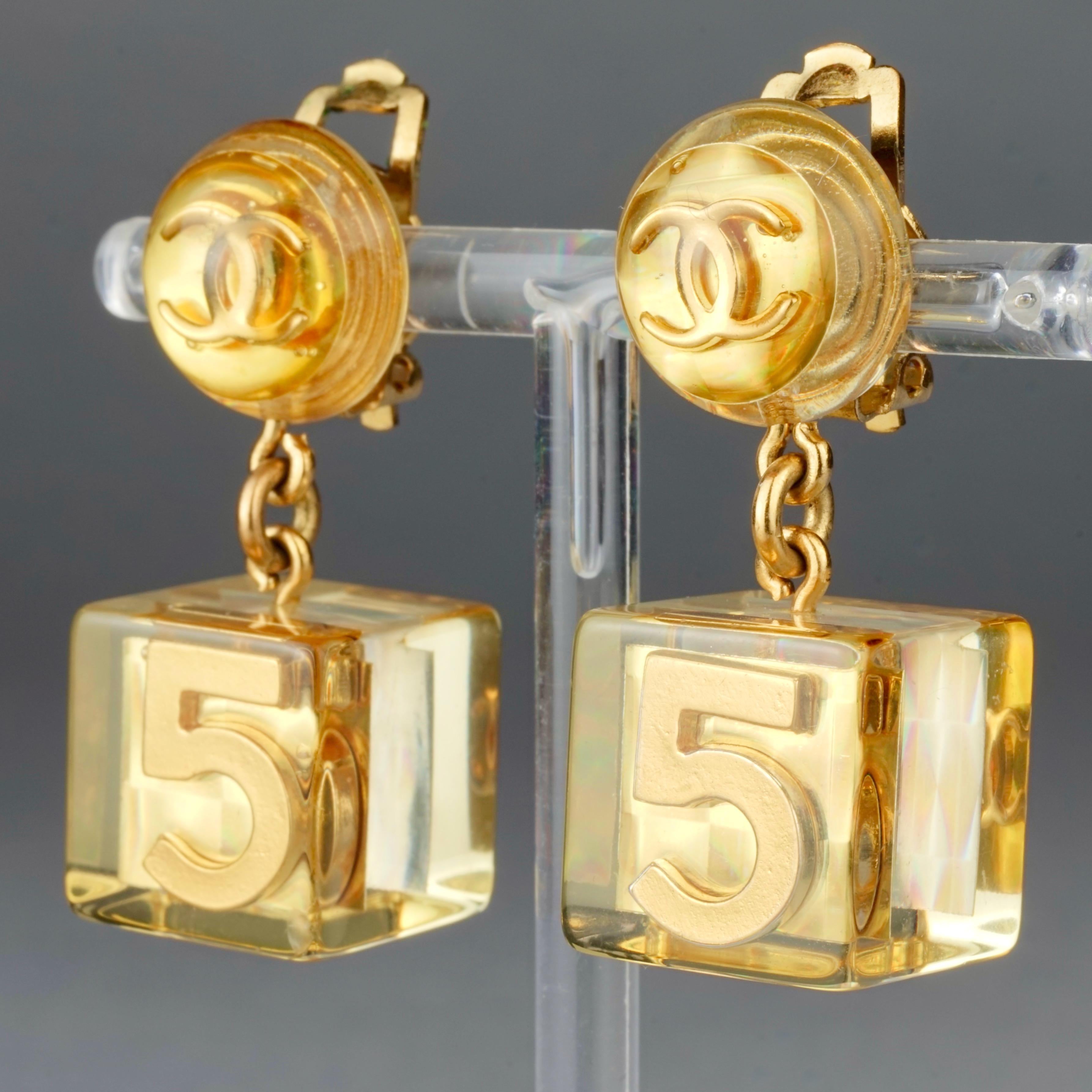 Vintage 1997 CHANEL NO.5 Logo Cube Lucite Lucite Earrings 1