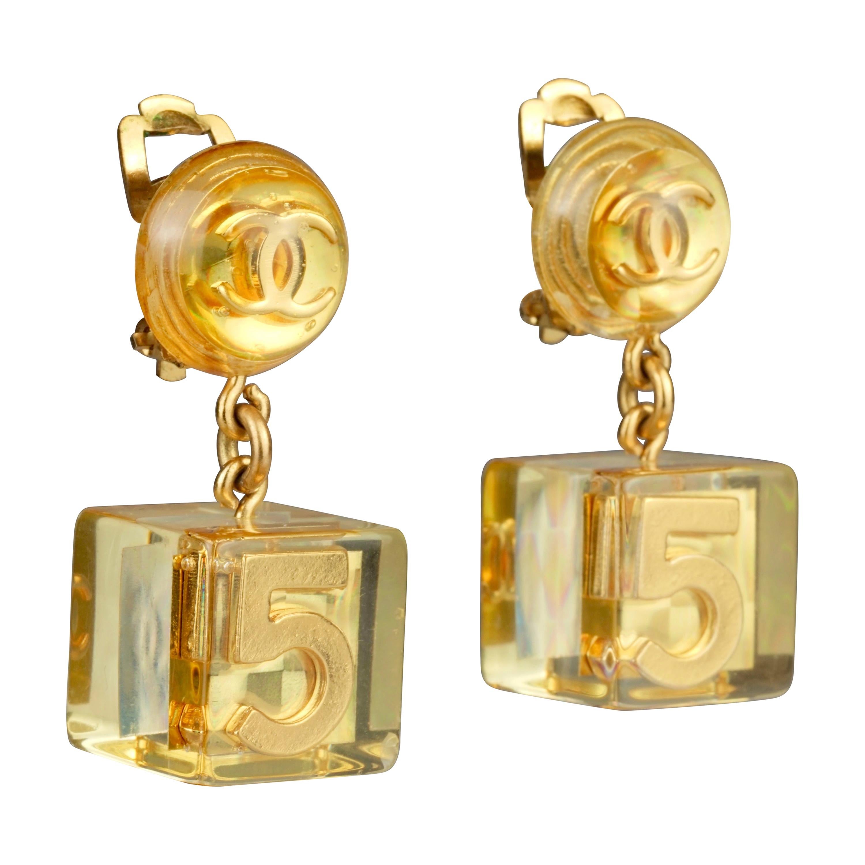 Vintage 1997 CHANEL NO.5 Logo Cube Lucite Lucite Earrings at 1stDibs   claudia chanel earrings, chanel cube earrings, chanel acrylic earrings