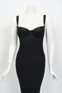 Vintage 1997 Dolce & Gabbana Black Stretch Silk Knit Hourglass Built-In Bra Gown