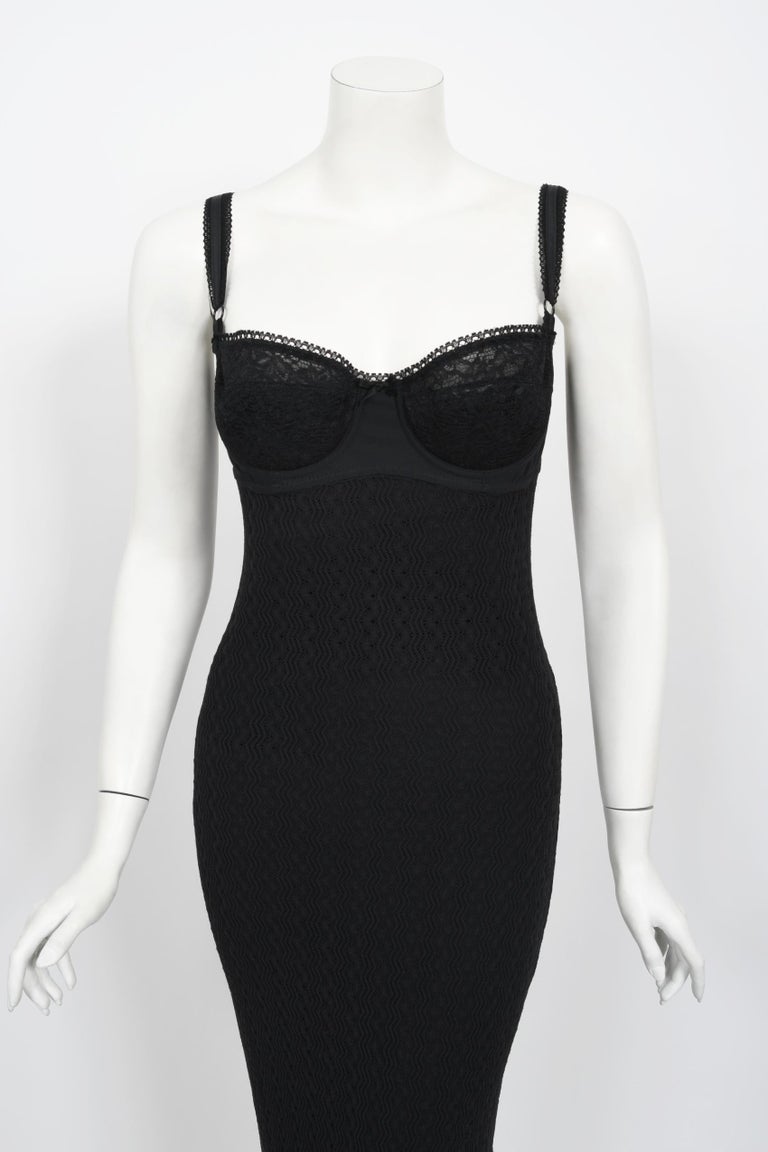 Vintage 1997 Dolce and Gabbana Sheer Black Stretch Lace Built-In Bra Slip  Gown at 1stDibs