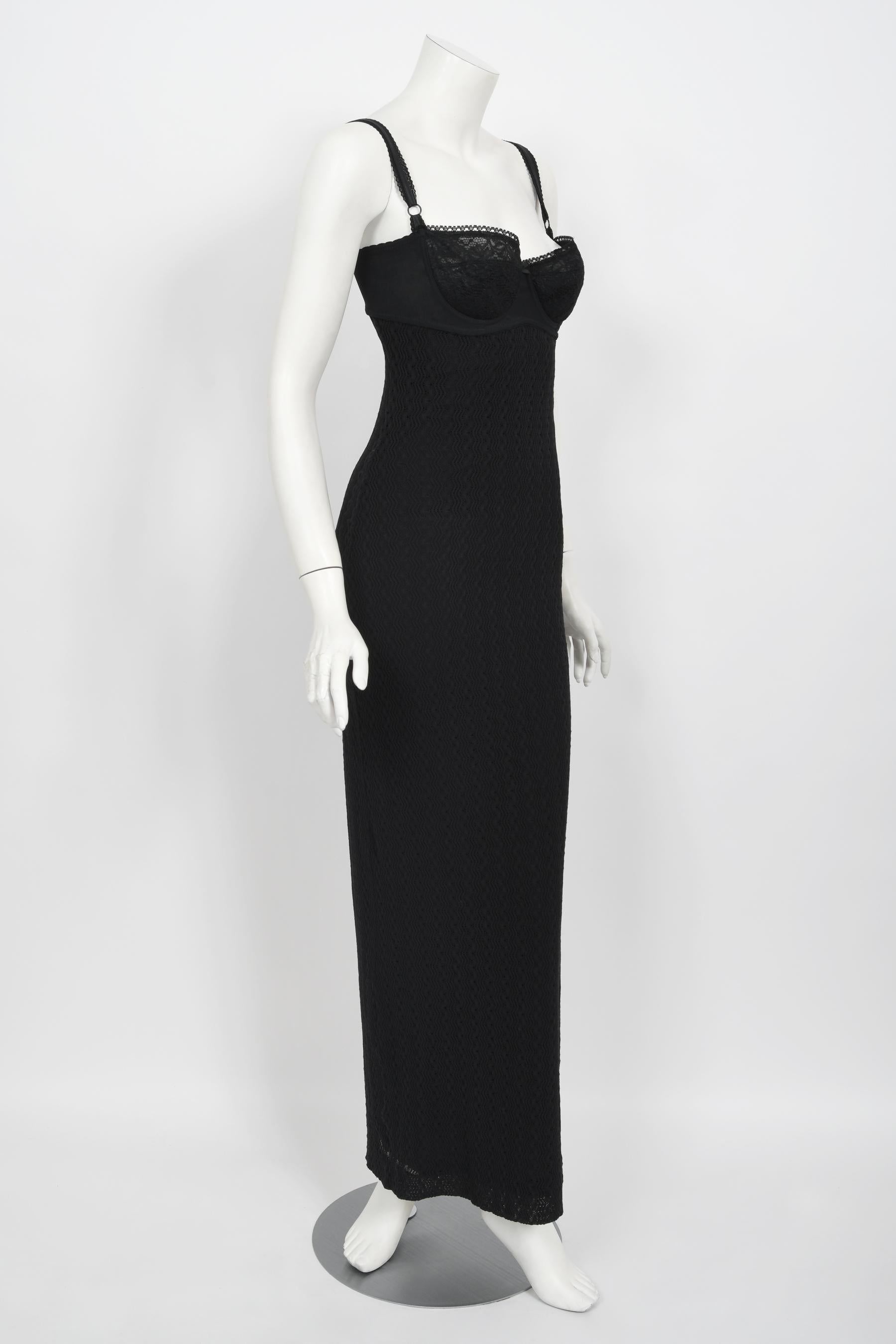 Vintage 1997 Dolce & Gabbana Black Stretch Silk Knit Hourglass Built-In Bra Gown 1