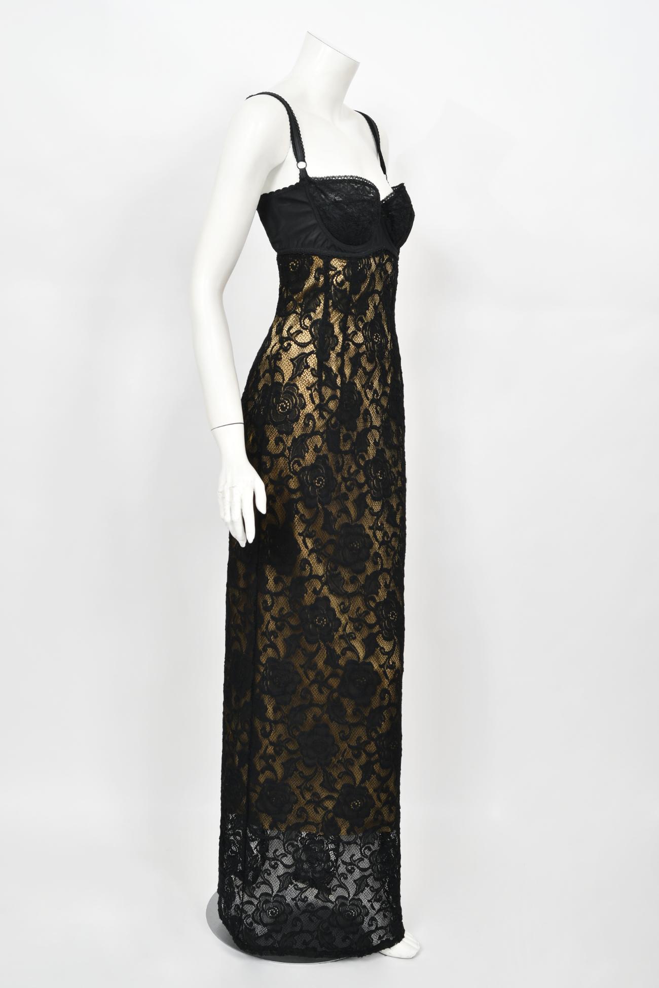 Vintage 1997 Dolce & Gabbana Sheer Black Stretch Lace Built-In Bra Slip Gown 7