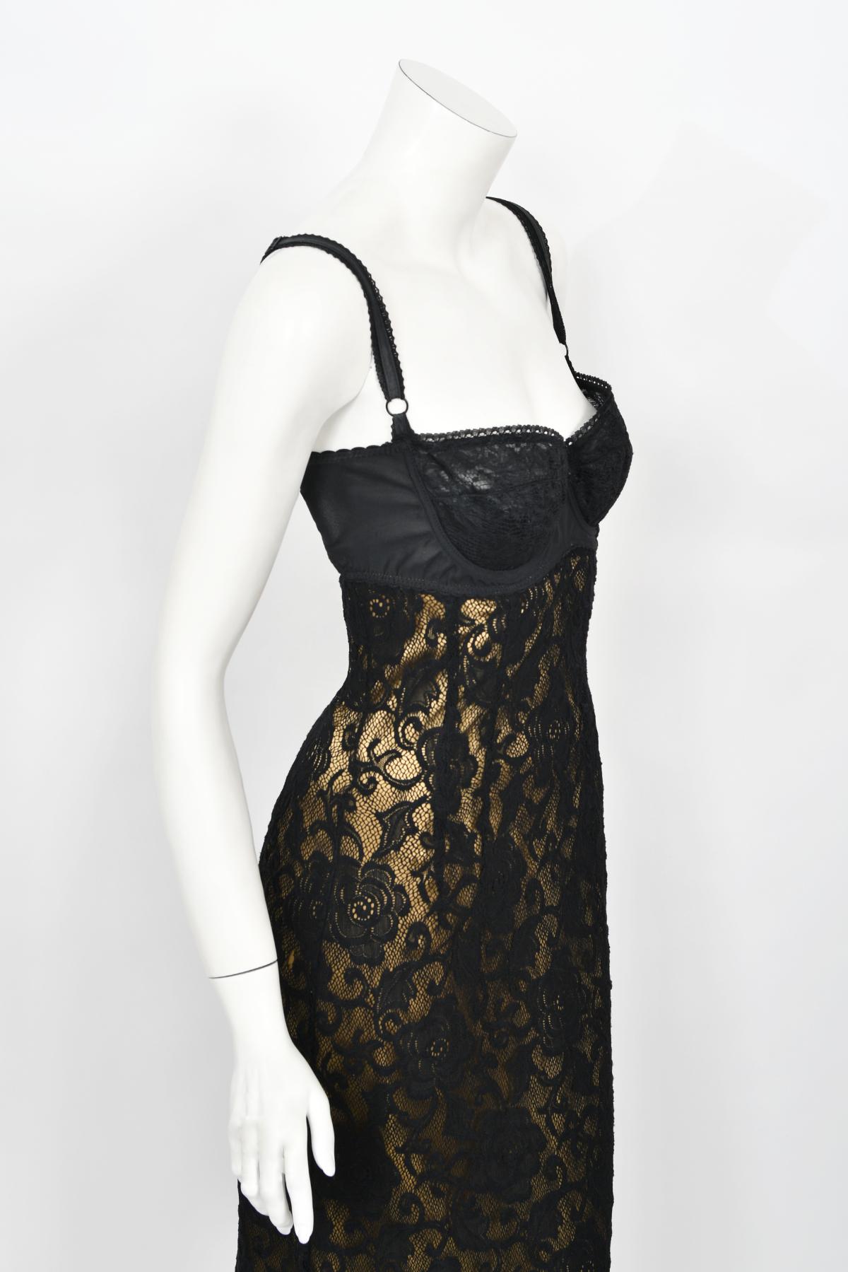 Vintage 1997 Dolce & Gabbana Sheer Black Stretch Lace Built-In Bra Slip Gown 8