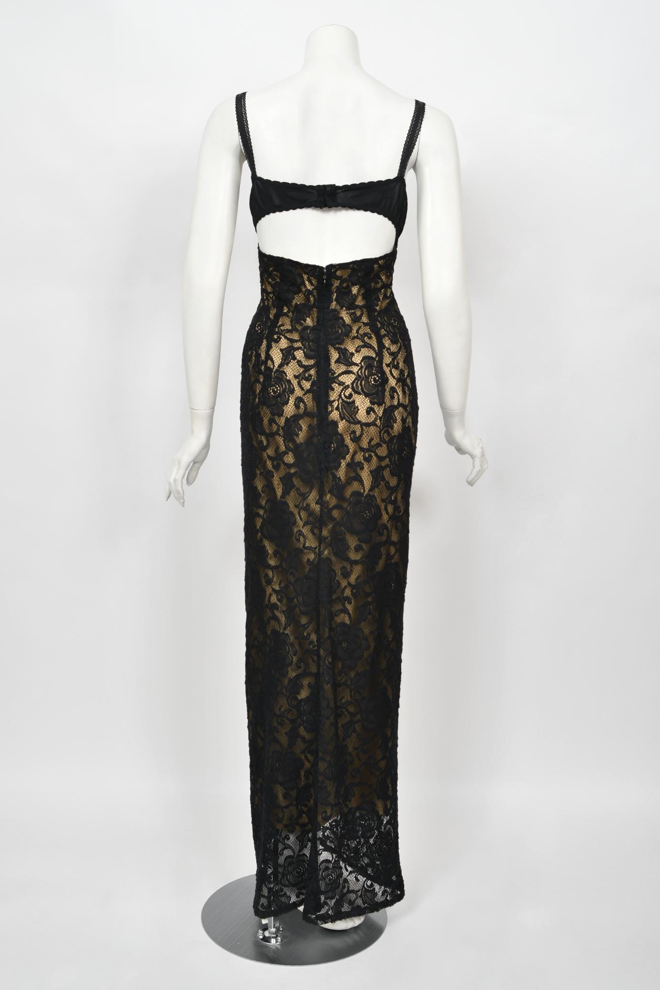 Vintage 1997 Dolce & Gabbana Sheer Black Stretch Lace Built-In Bra Slip Gown 11