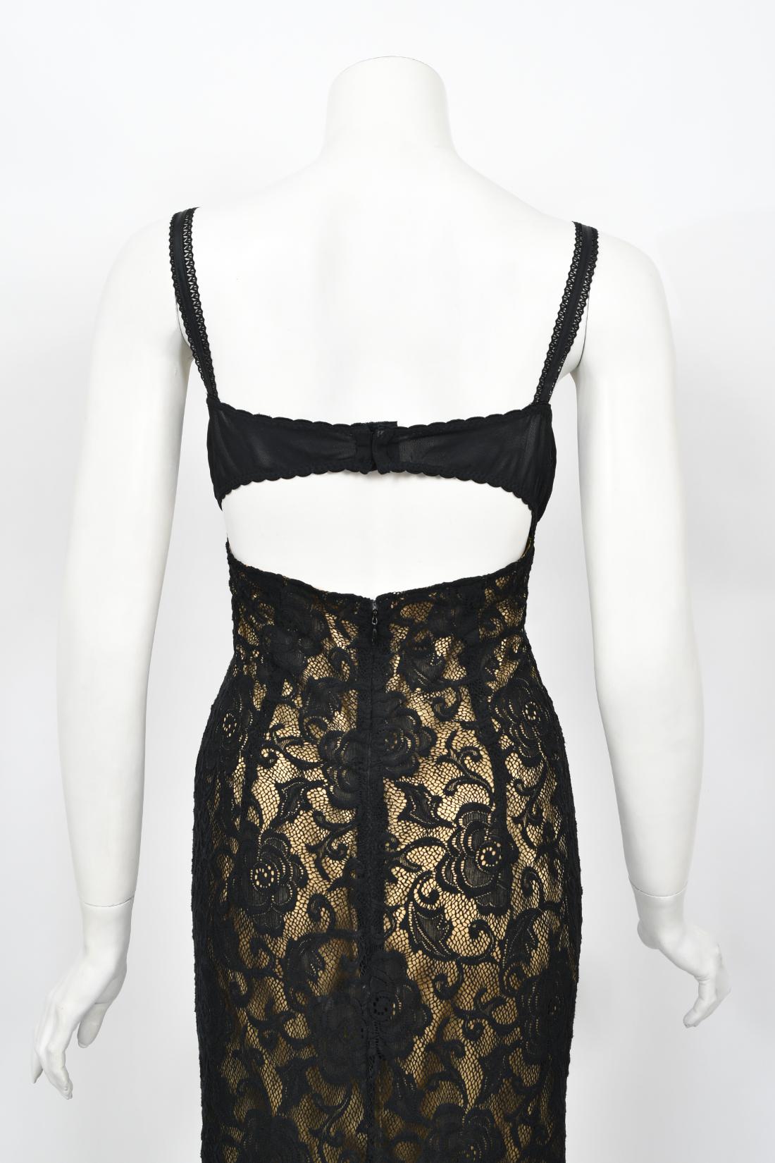 Vintage 1997 Dolce & Gabbana Sheer Black Stretch Lace Built-In Bra Slip Gown 12