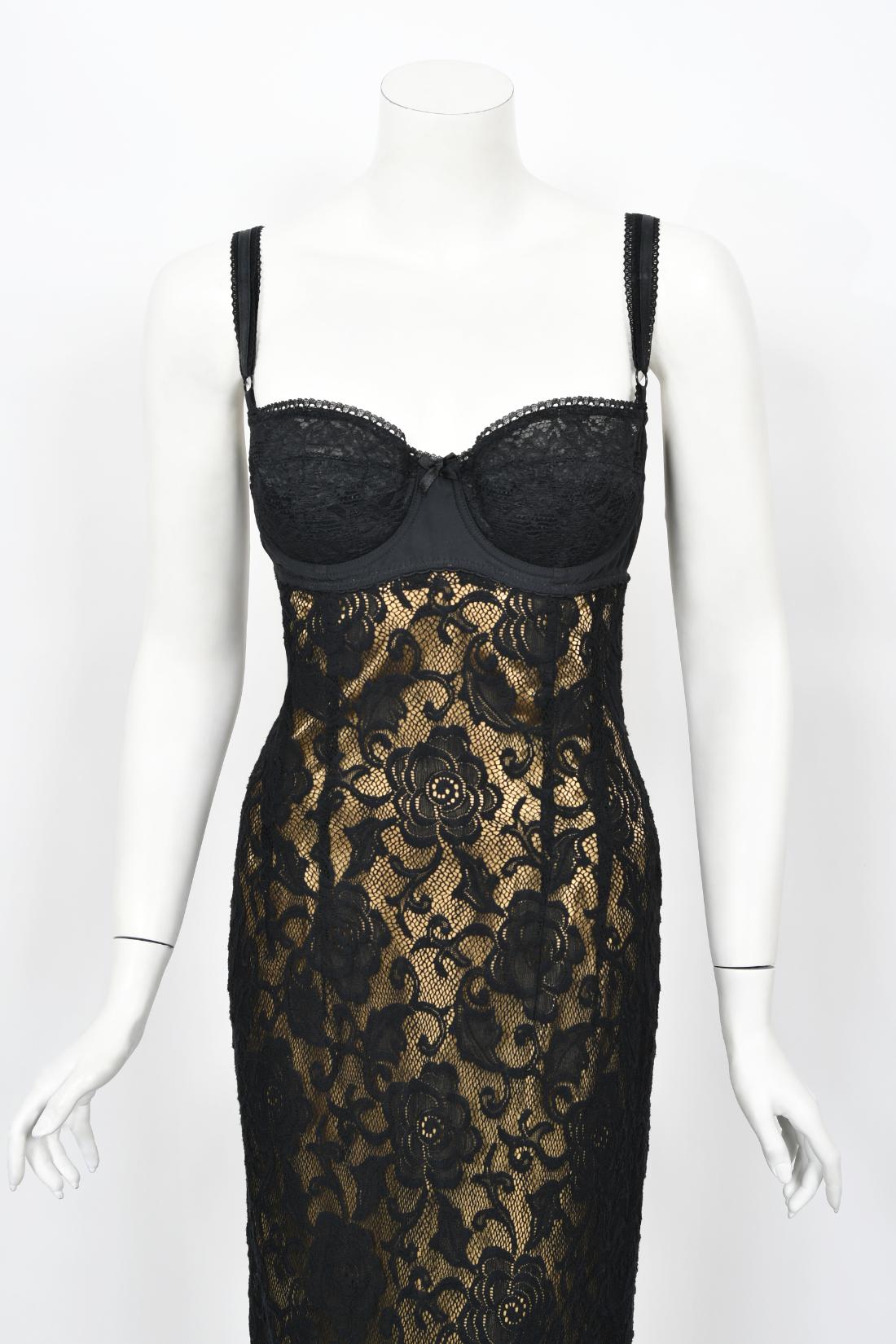 Women's Vintage 1997 Dolce & Gabbana Sheer Black Stretch Lace Built-In Bra Slip Gown