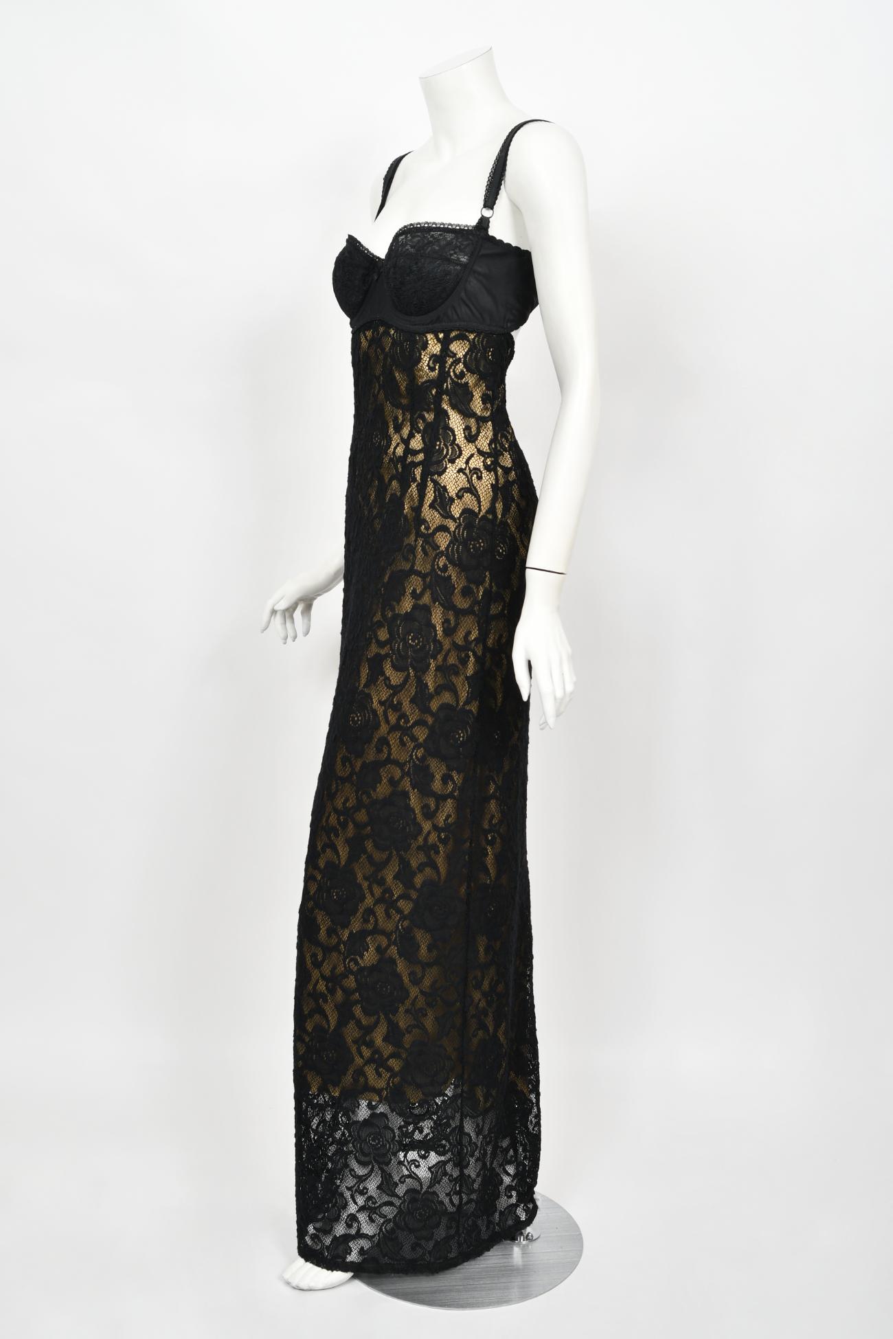 Vintage 1997 Dolce & Gabbana Sheer Black Stretch Lace Built-In Bra Slip Gown 3
