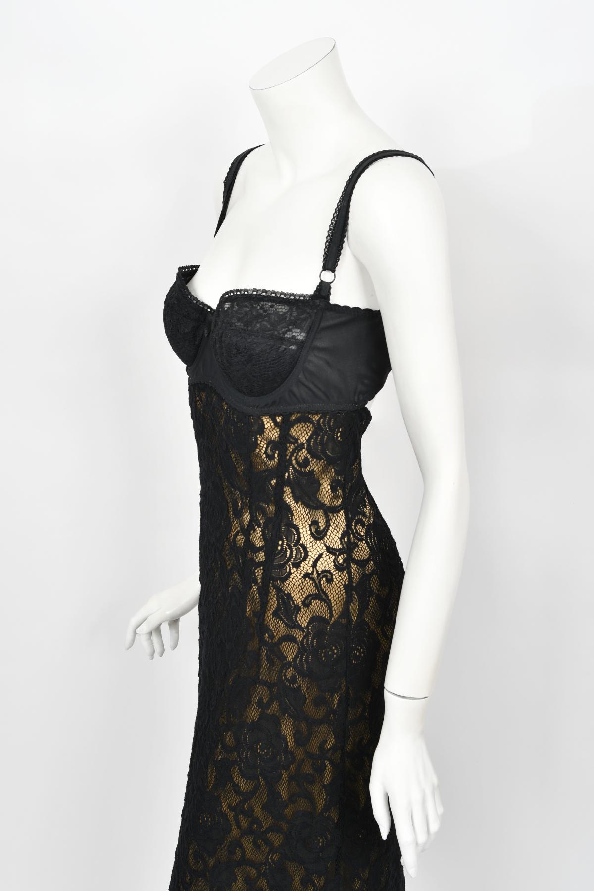 Vintage 1997 Dolce & Gabbana Sheer Black Stretch Lace Built-In Bra Slip Gown 4