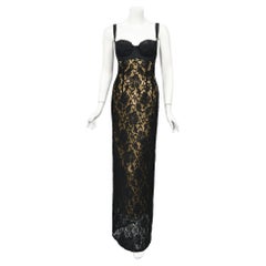 Vintage 1997 Dolce & Gabbana Sheer Black Stretch Lace Built-In Bra Slip Gown