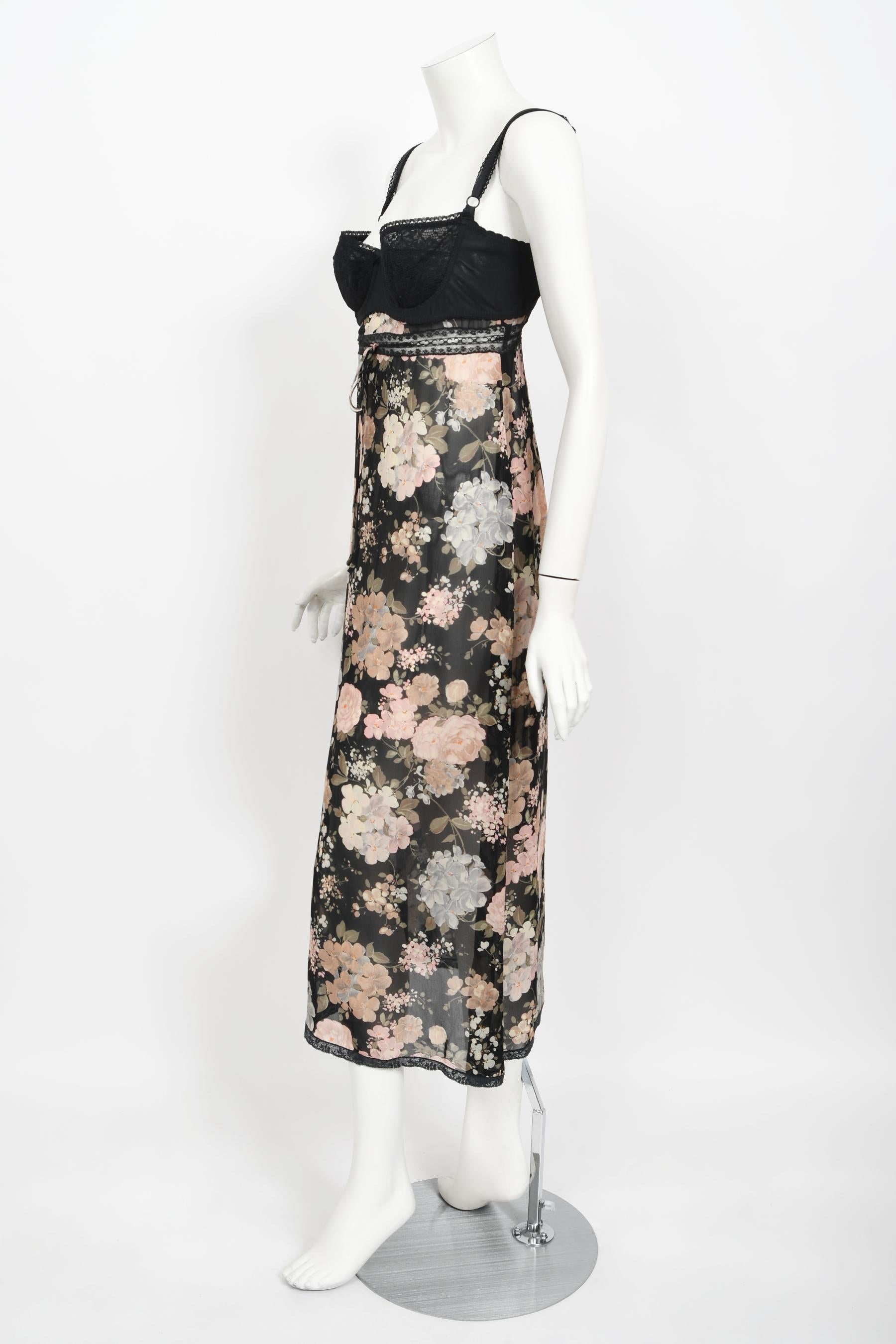 Vintage 1997 Dolce & Gabbana Sheer Floral Chiffon & Lace Built-In Bra Slip Dress 6