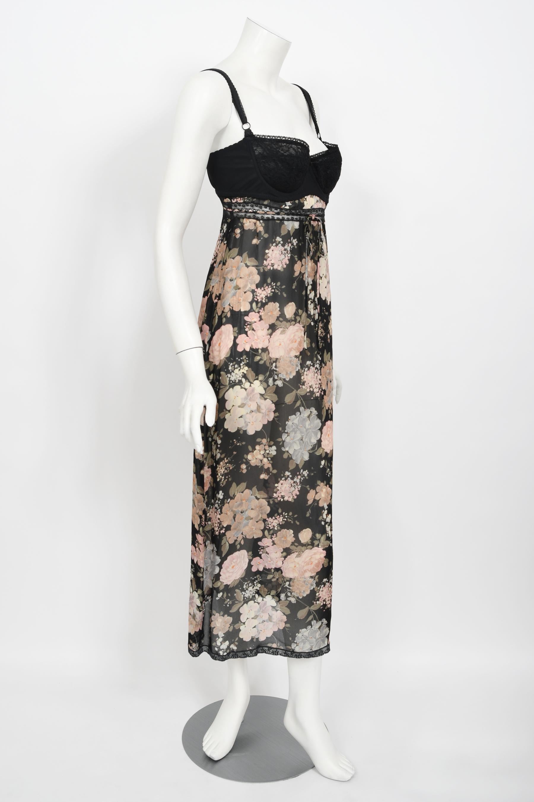 Vintage 1997 Dolce & Gabbana Sheer Floral Chiffon & Lace Built-In Bra Slip Dress 2